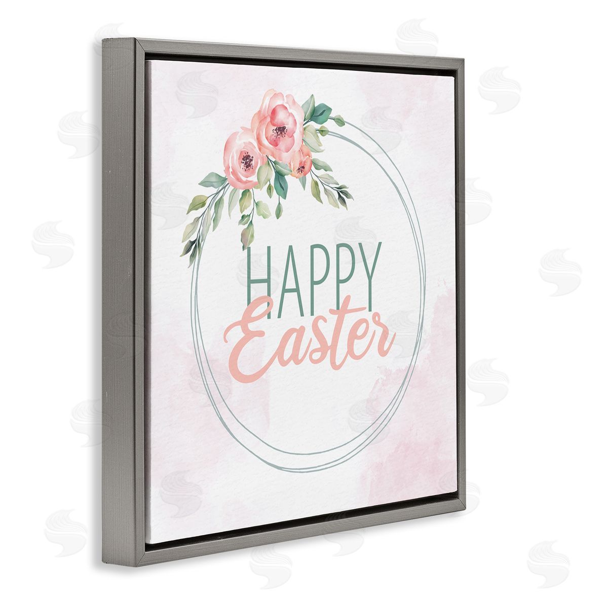 Kim Allen Happy Easter Round Floral Border Pastel Pink Design Gray Floating Frame Canvas Wall Art Print
