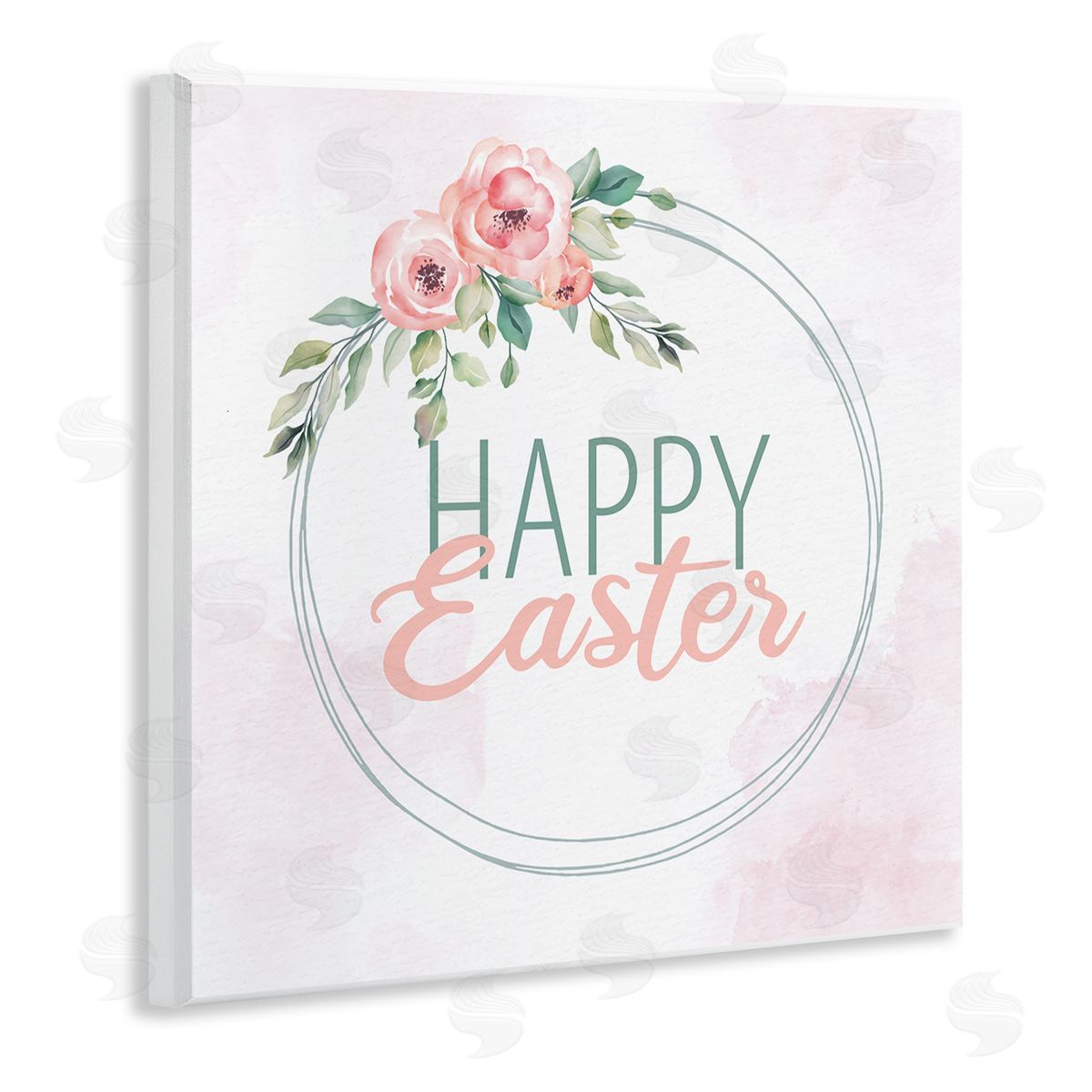 Kim Allen Happy Easter Round Floral Border Pastel Pink Design Wooden Wall Plaque Art Print