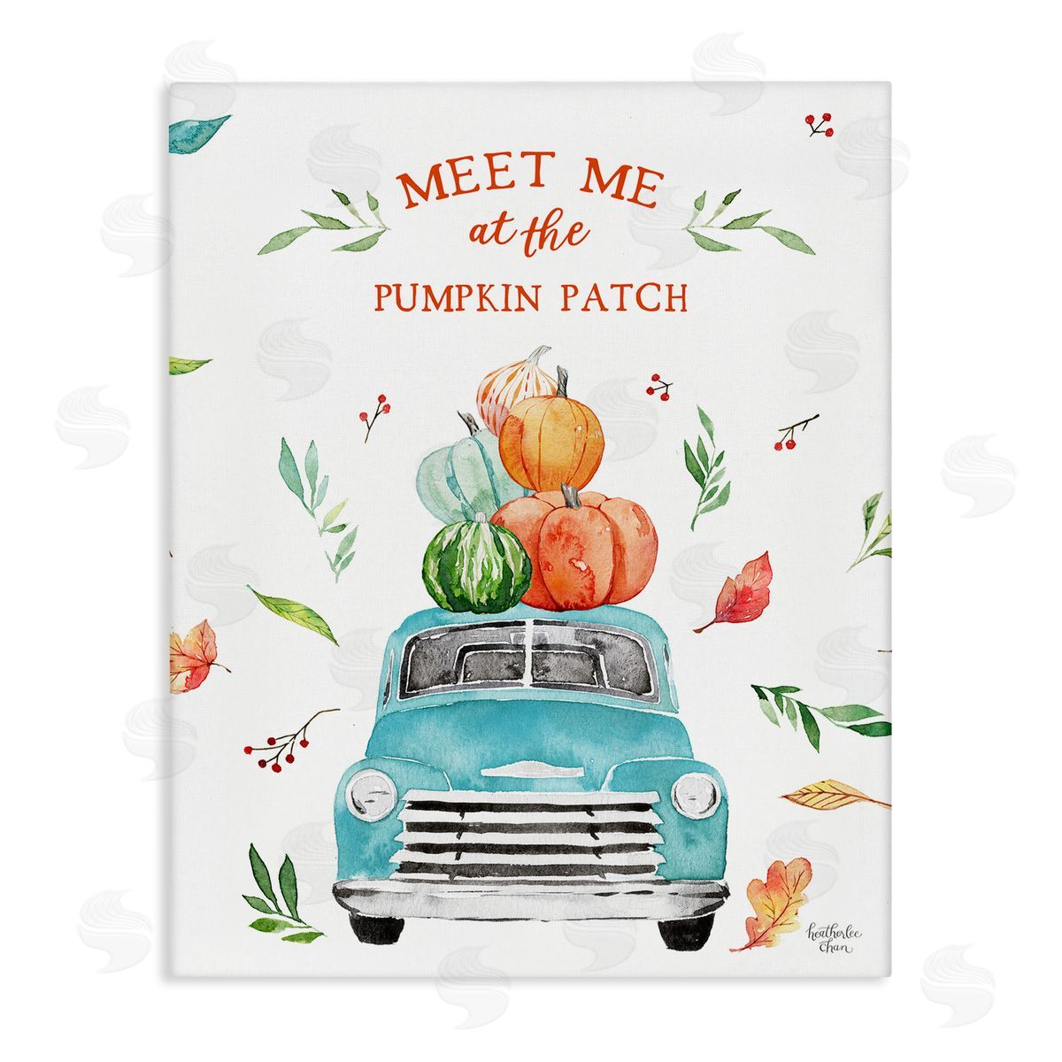 Heather Lee Chan Pumpkin Patch Seasonal Leaves Botanicals Blue Truck  Stretched Canvas Wall Art Print