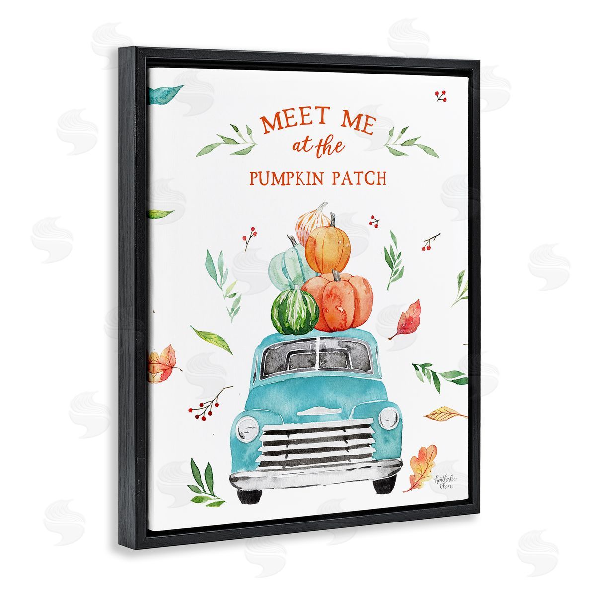 Heather Lee Chan Pumpkin Patch Seasonal Leaves Botanicals Blue Truck  Black Floating Frame Canvas Wall Art Print