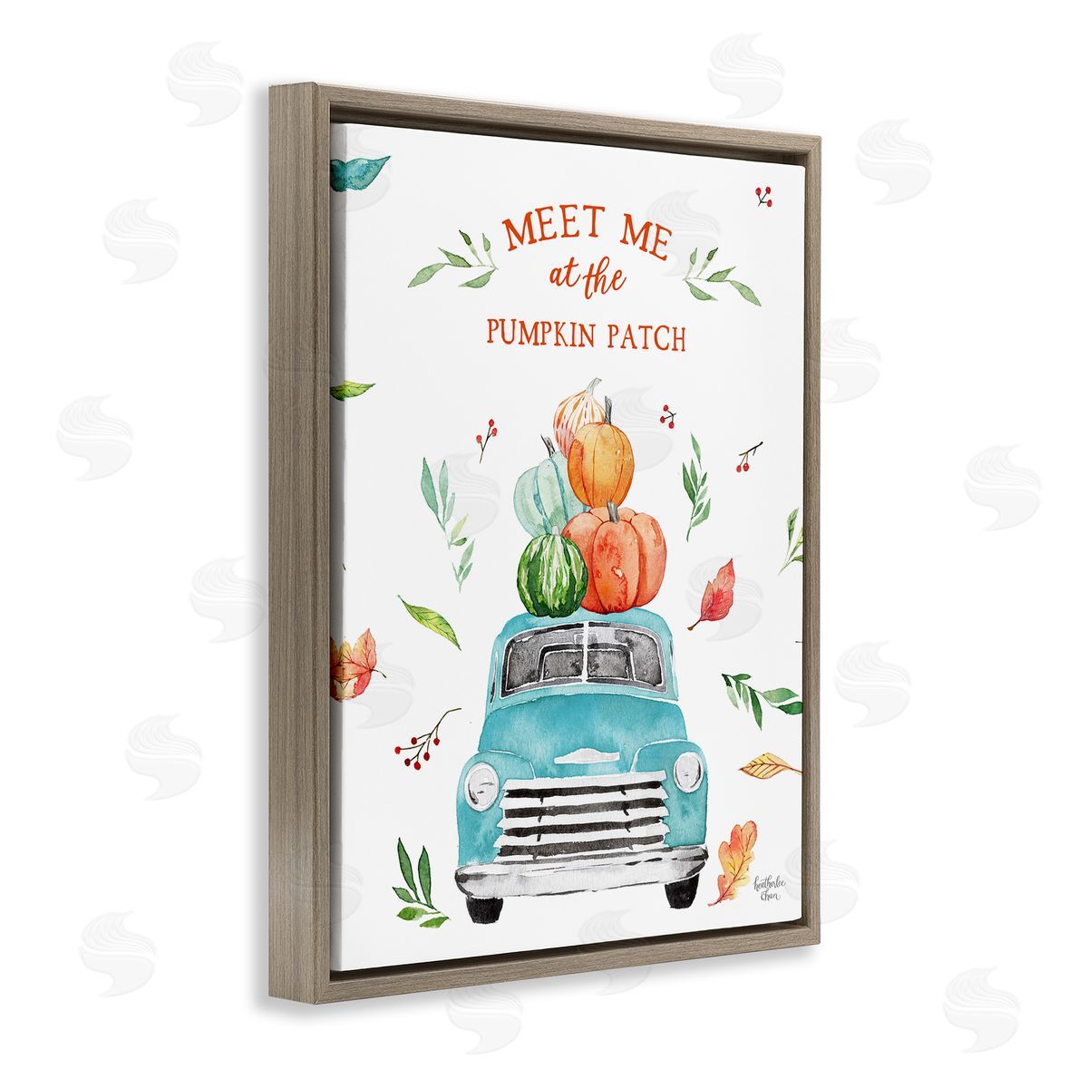 Heather Lee Chan Pumpkin Patch Seasonal Leaves Botanicals Blue Truck  Brown Floating Frame Canvas Wall Art Print