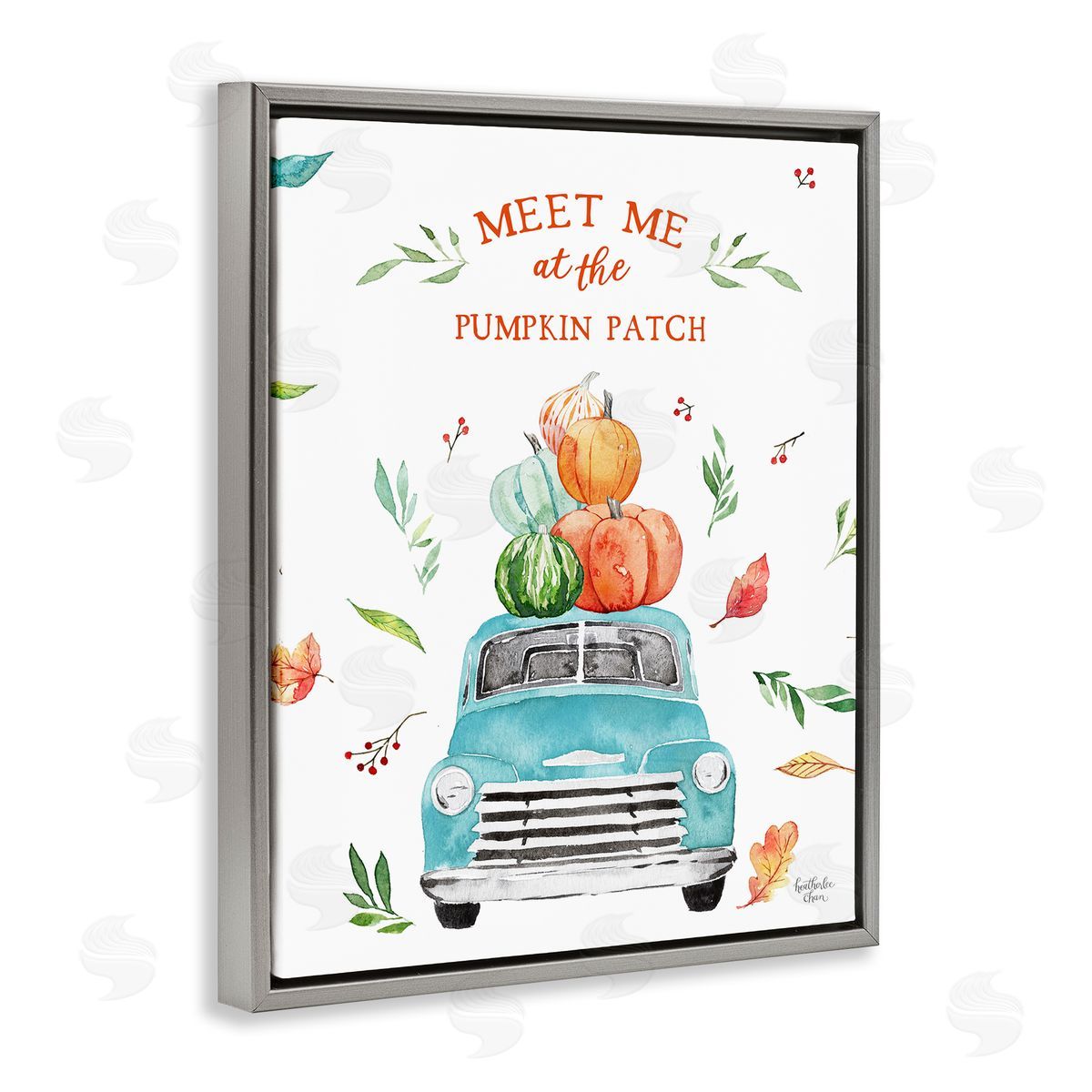 Heather Lee Chan Pumpkin Patch Seasonal Leaves Botanicals Blue Truck  Gray Floating Frame Canvas Wall Art Print