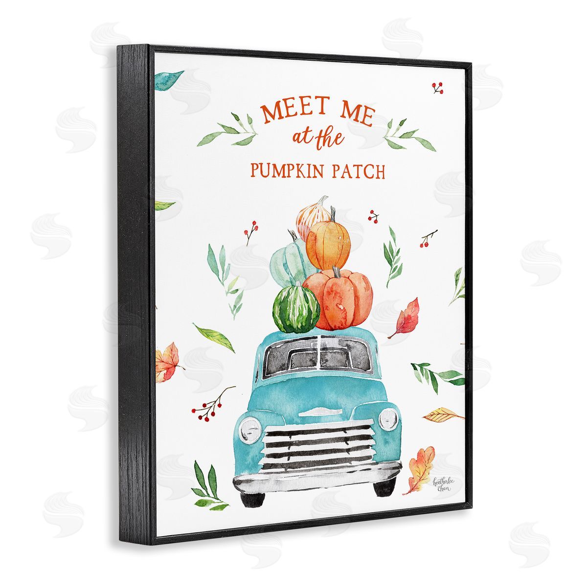 Heather Lee Chan Pumpkin Patch Seasonal Leaves Botanicals Blue Truck  Black Framed Giclee Wall Art Print