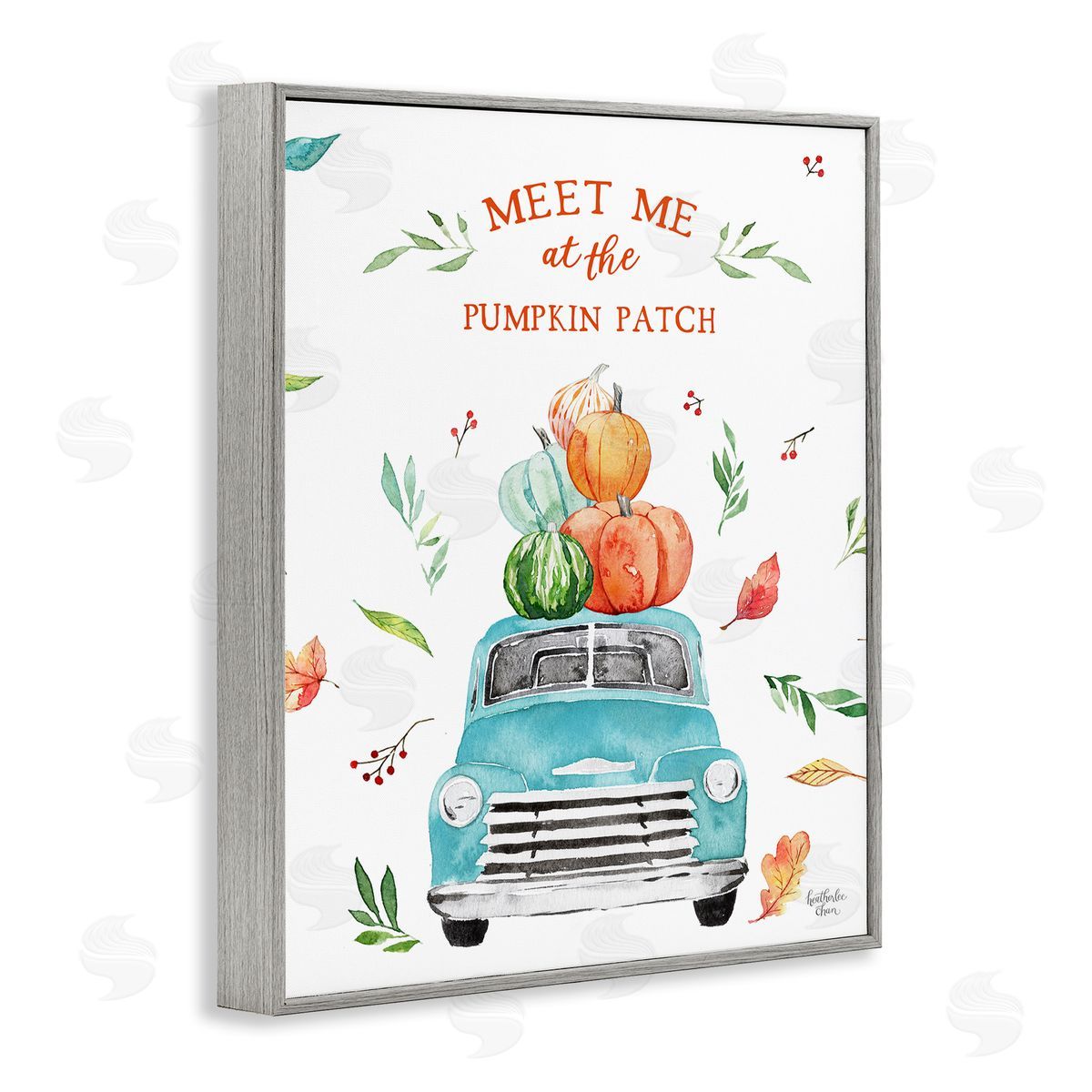 Heather Lee Chan Pumpkin Patch Seasonal Leaves Botanicals Blue Truck  Gray Framed Giclee Wall Art Print