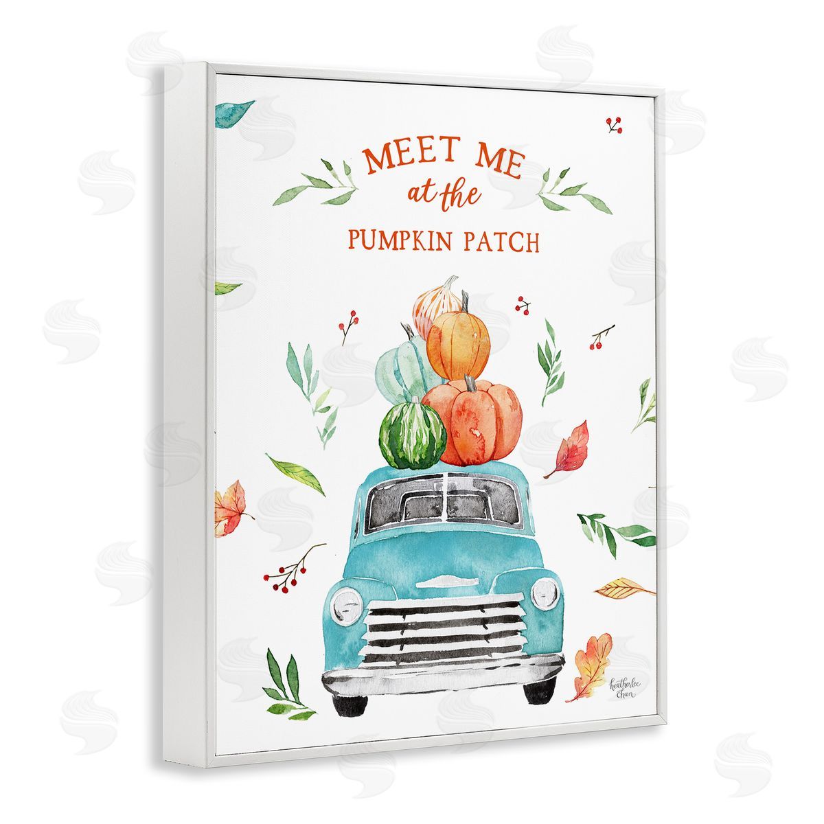 Heather Lee Chan Pumpkin Patch Seasonal Leaves Botanicals Blue Truck  White Framed Giclee Wall Art Print