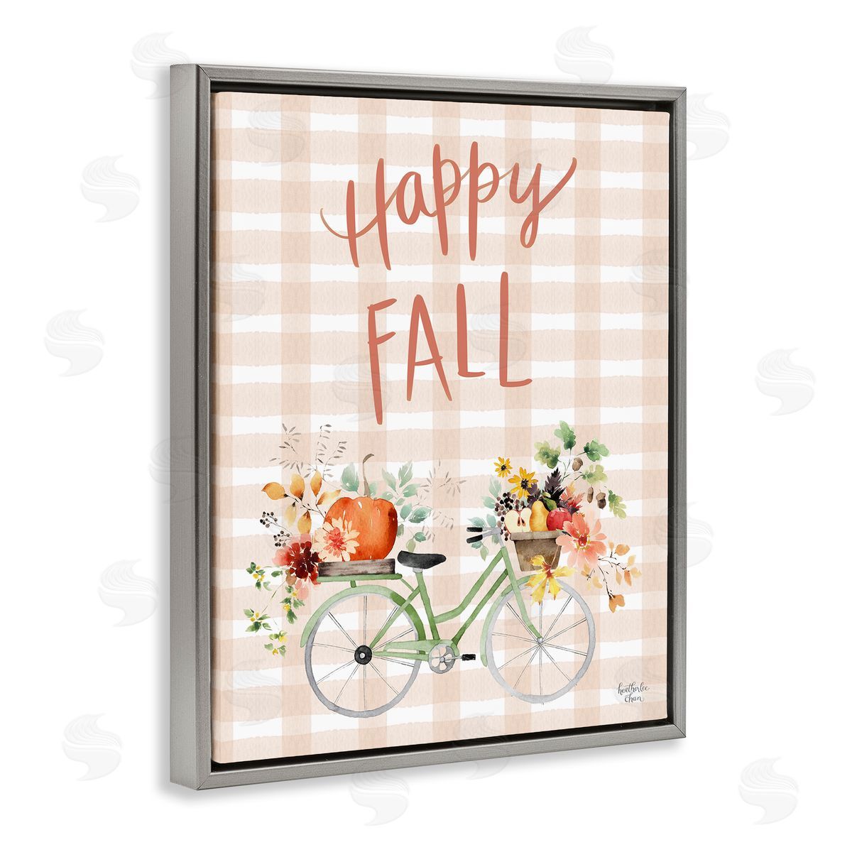 Heather Lee Chan Happy Fall Plaid Seasonal Flowers Blooming Bicycle Gray Floating Frame Canvas Wall Art Print