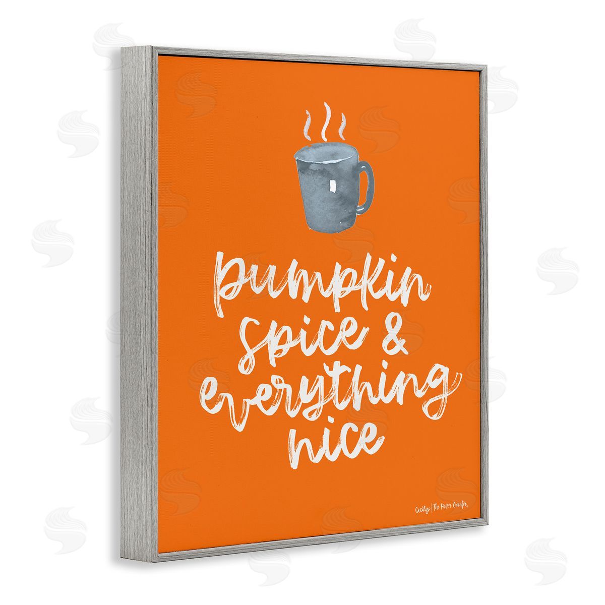Cecily Moore Pumpkin Spice Steaming Coffee Mug Fall Calligraphy  Gray Framed Giclee Wall Art Print