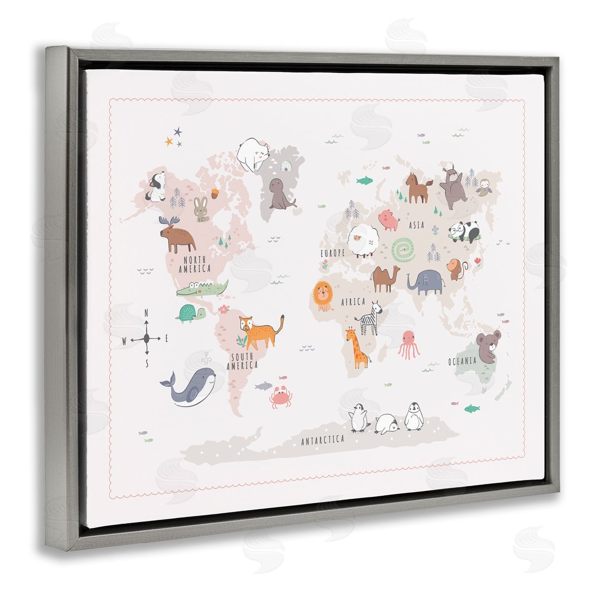 Andrea Jasid Grassi Native Wildlife Animals Countries World Map Education  Gray Floating Frame Canvas Wall Art Print