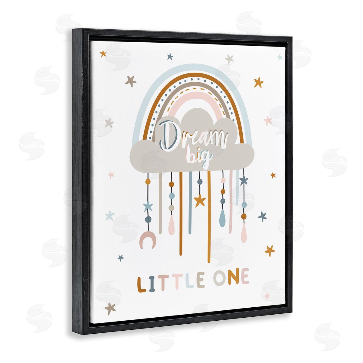 Angela Nickeas Dream Big Little One Nursery Rainbow Clouds  Black Floating Frame Canvas Wall Art Print