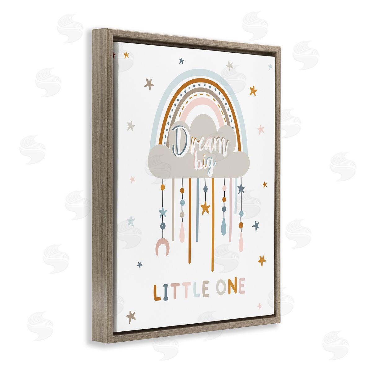 Angela Nickeas Dream Big Little One Nursery Rainbow Clouds  Brown Floating Frame Canvas Wall Art Print