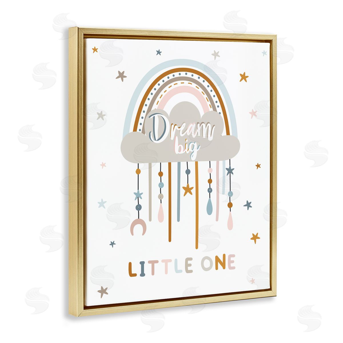 Angela Nickeas Dream Big Little One Nursery Rainbow Clouds  Gold Floating Frame Canvas Wall Art Print