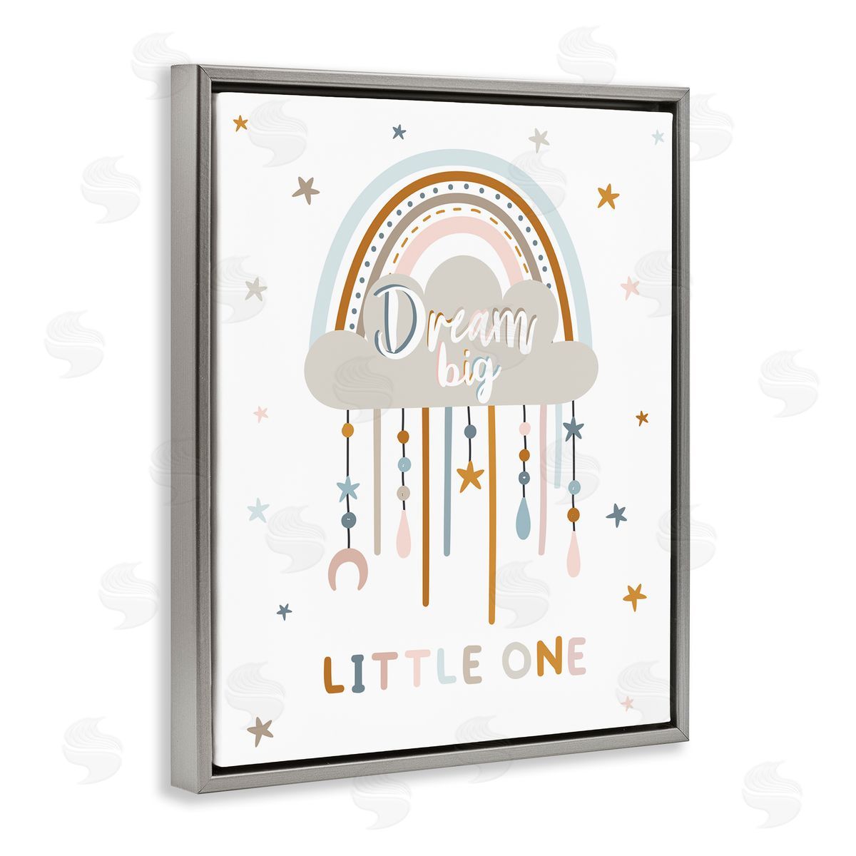 Angela Nickeas Dream Big Little One Nursery Rainbow Clouds  Gray Floating Frame Canvas Wall Art Print
