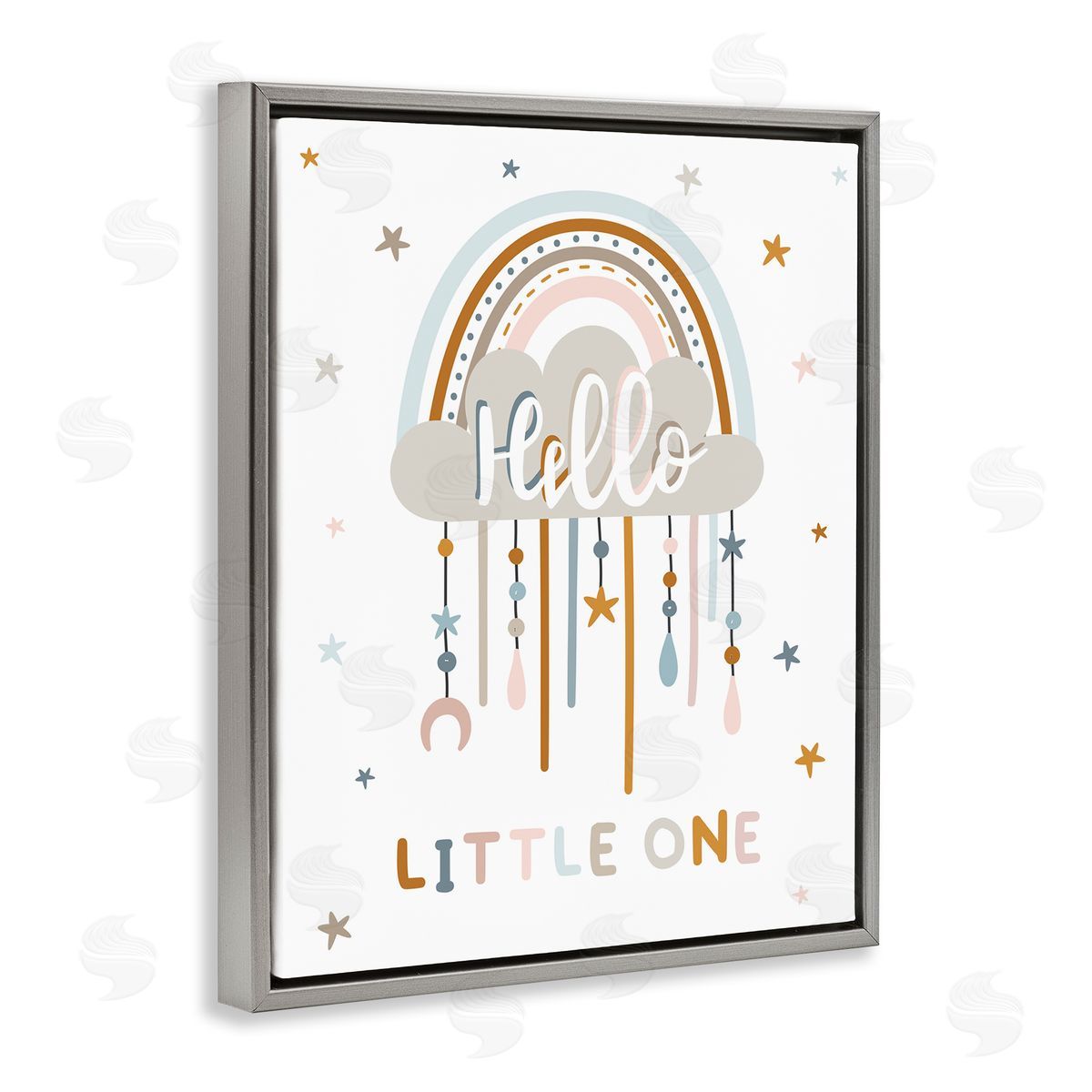 Angela Nickeas Hello Little One Patterned Stars Nursery Rainbow Gray Floating Frame Canvas Wall Art Print