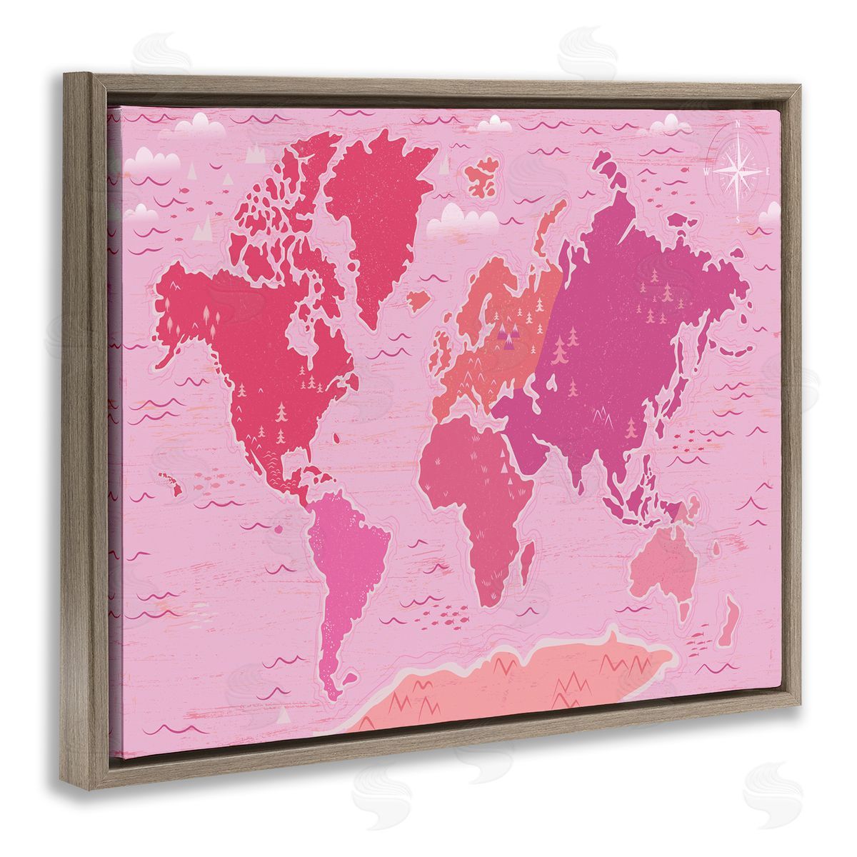 Arrolynn Weiderhold Pink Tones World Map Atlas Countries Education Brown Floating Frame Canvas Wall Art Print