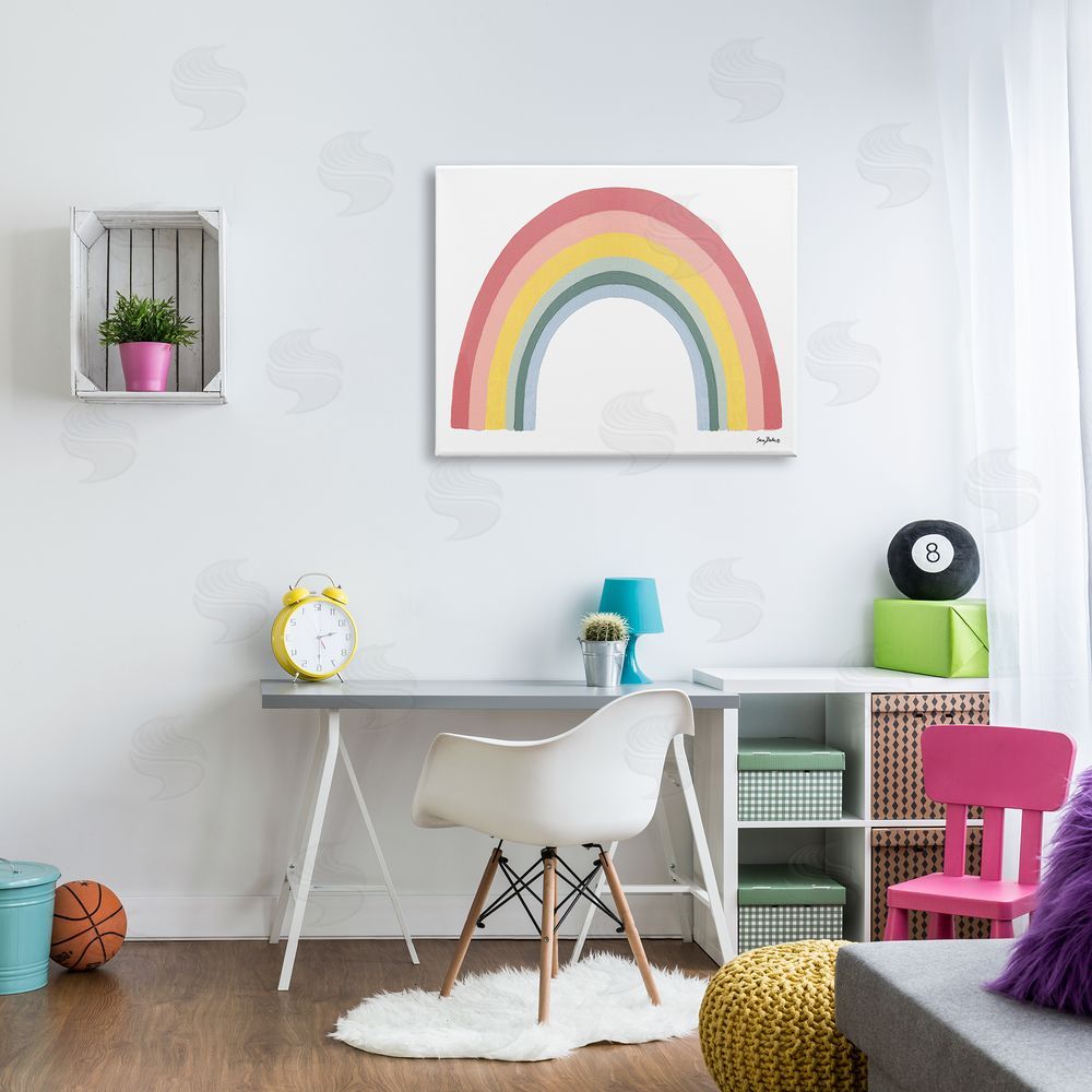 Sara Baker Casual Arched Rainbow Mixed Stripes Painting Canvas Wall Art Print in Room