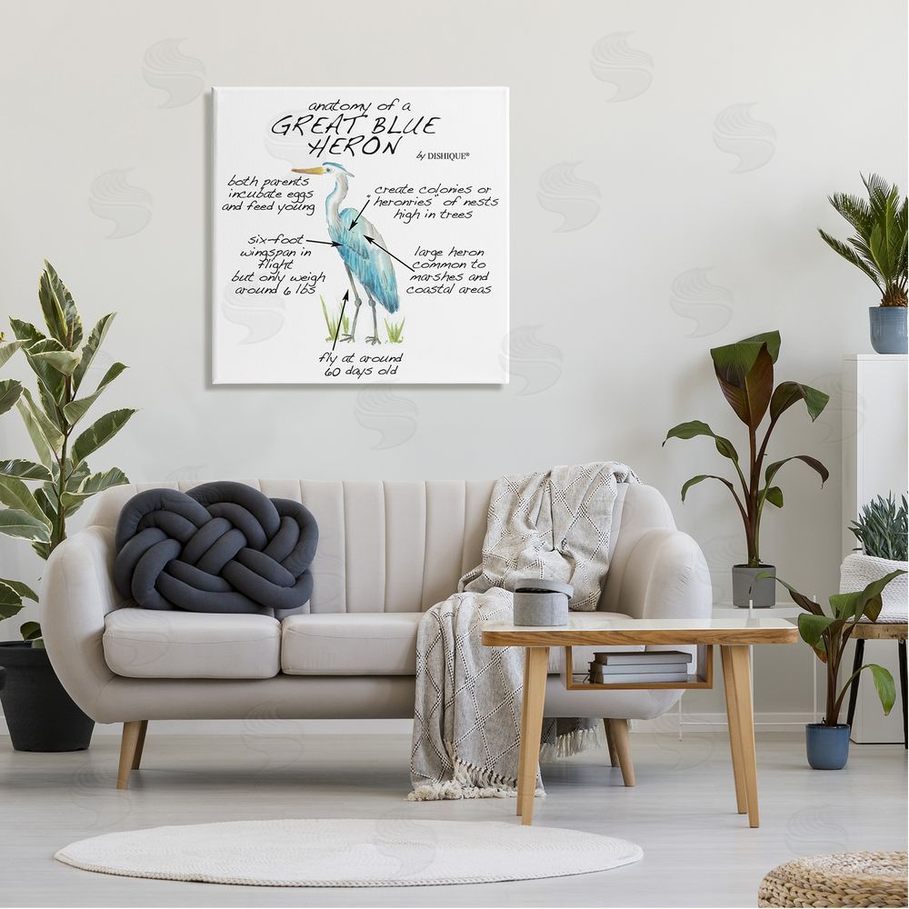 Dishique Great Blue Heron Bird Learning Diagram Wildlife Facts Canvas Wall Art in Room