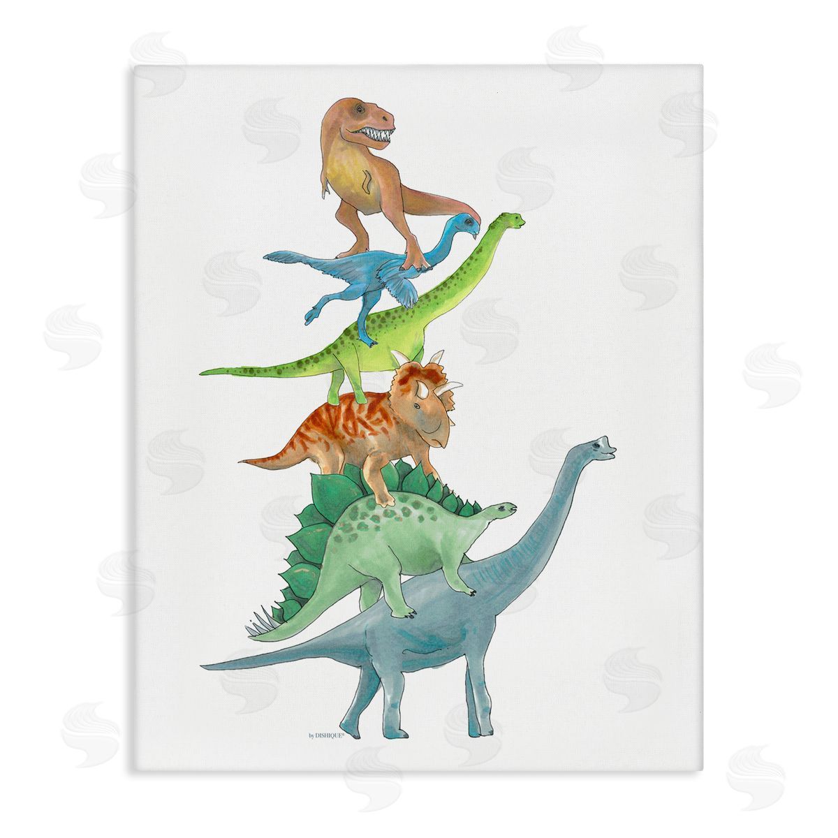 Dishique Stacked Dinosaurs Balancing T-Rex Stegosaurus Illustration Stretched Canvas Wall Art Print
