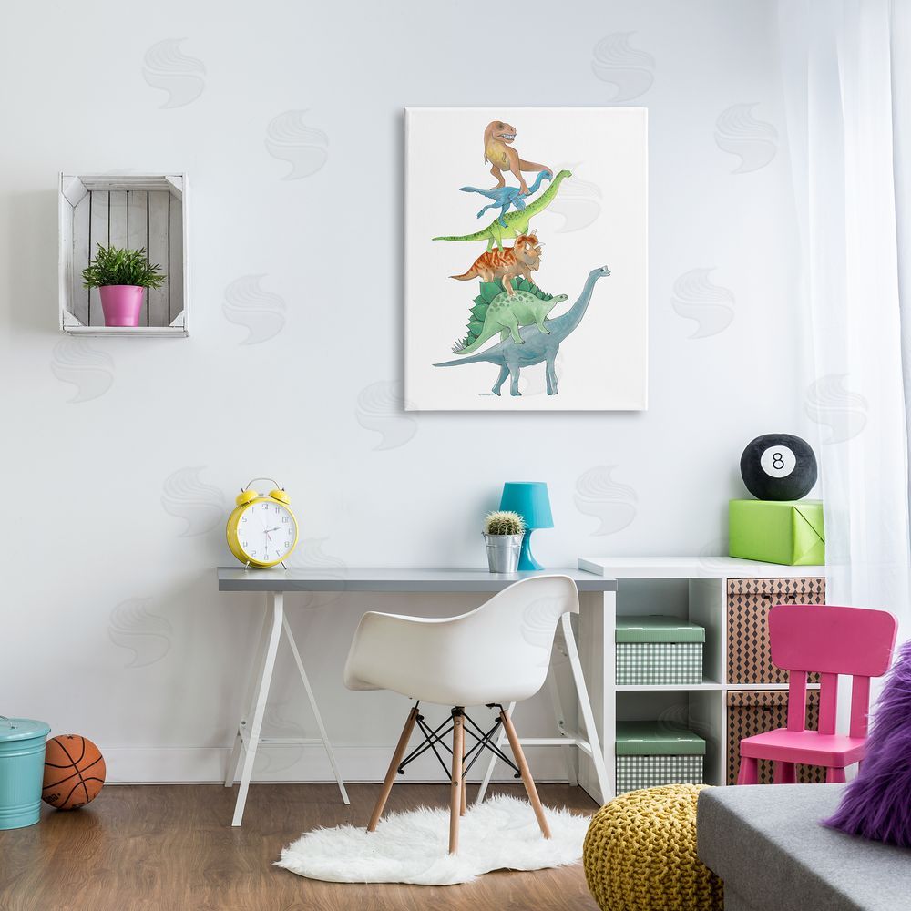 Dishique Stacked Dinosaurs Balancing T-Rex Stegosaurus Illustration Canvas Wall Art Print in Room