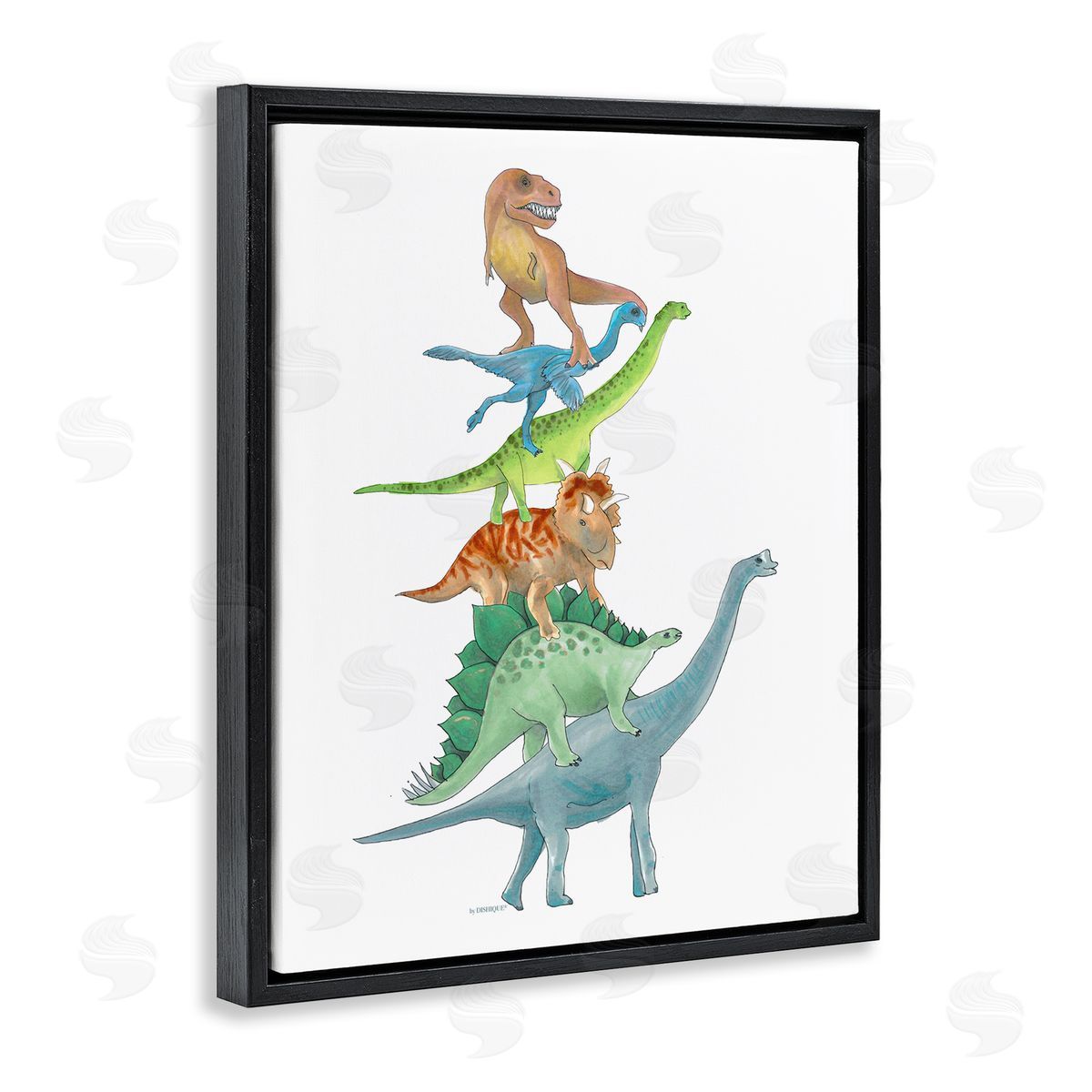 Dishique Stacked Dinosaurs Balancing T-Rex Stegosaurus Illustration Black Floating Frame Canvas Wall Art Print