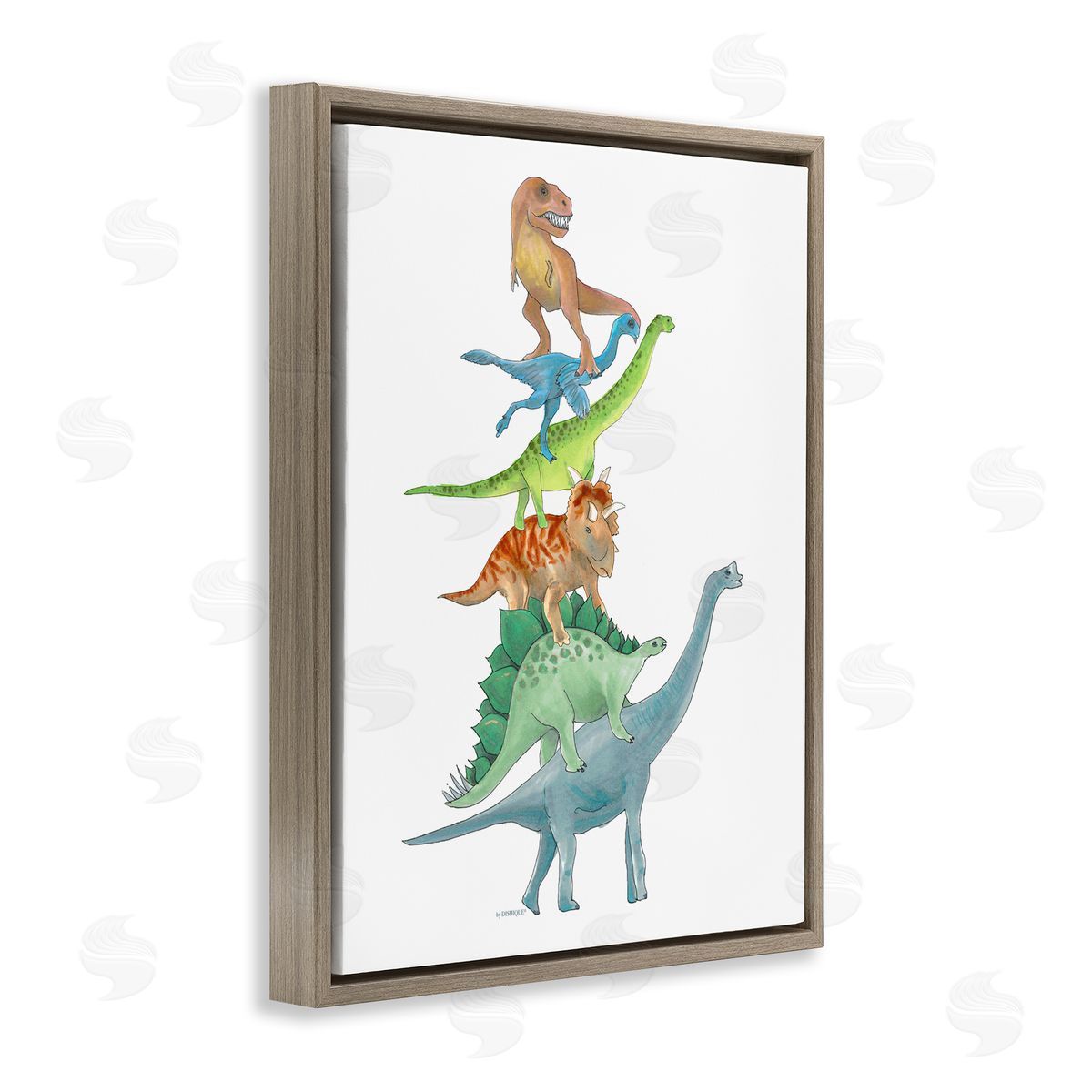 Dishique Stacked Dinosaurs Balancing T-Rex Stegosaurus Illustration Brown Floating Frame Canvas Wall Art Print
