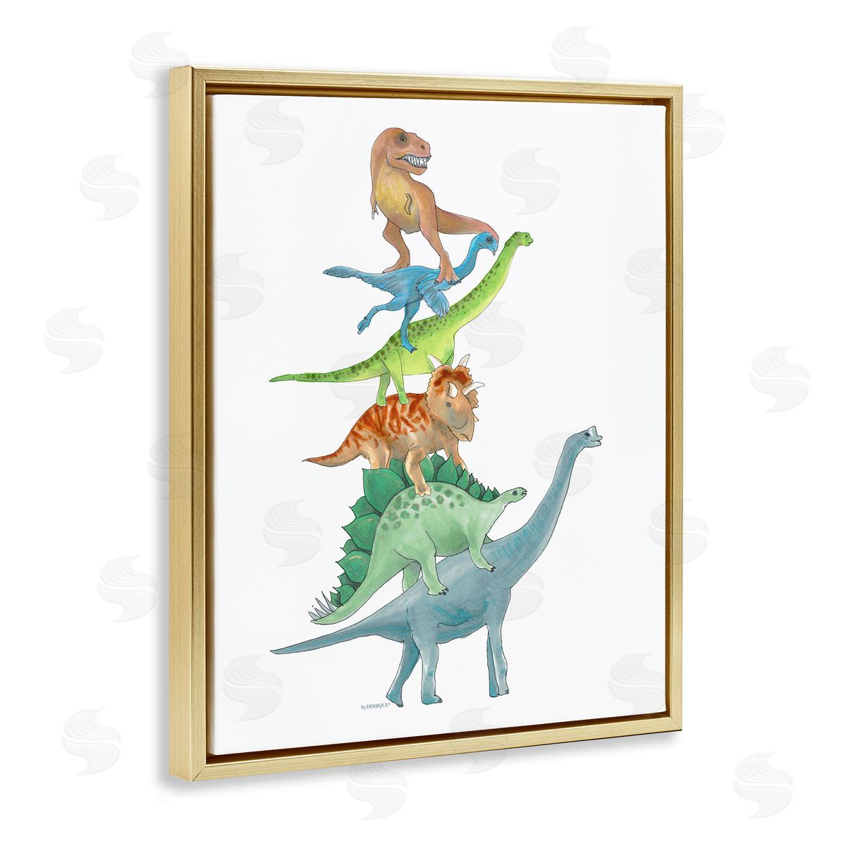Dishique Stacked Dinosaurs Balancing T-Rex Stegosaurus Illustration Gold Floating Frame Canvas Wall Art Print