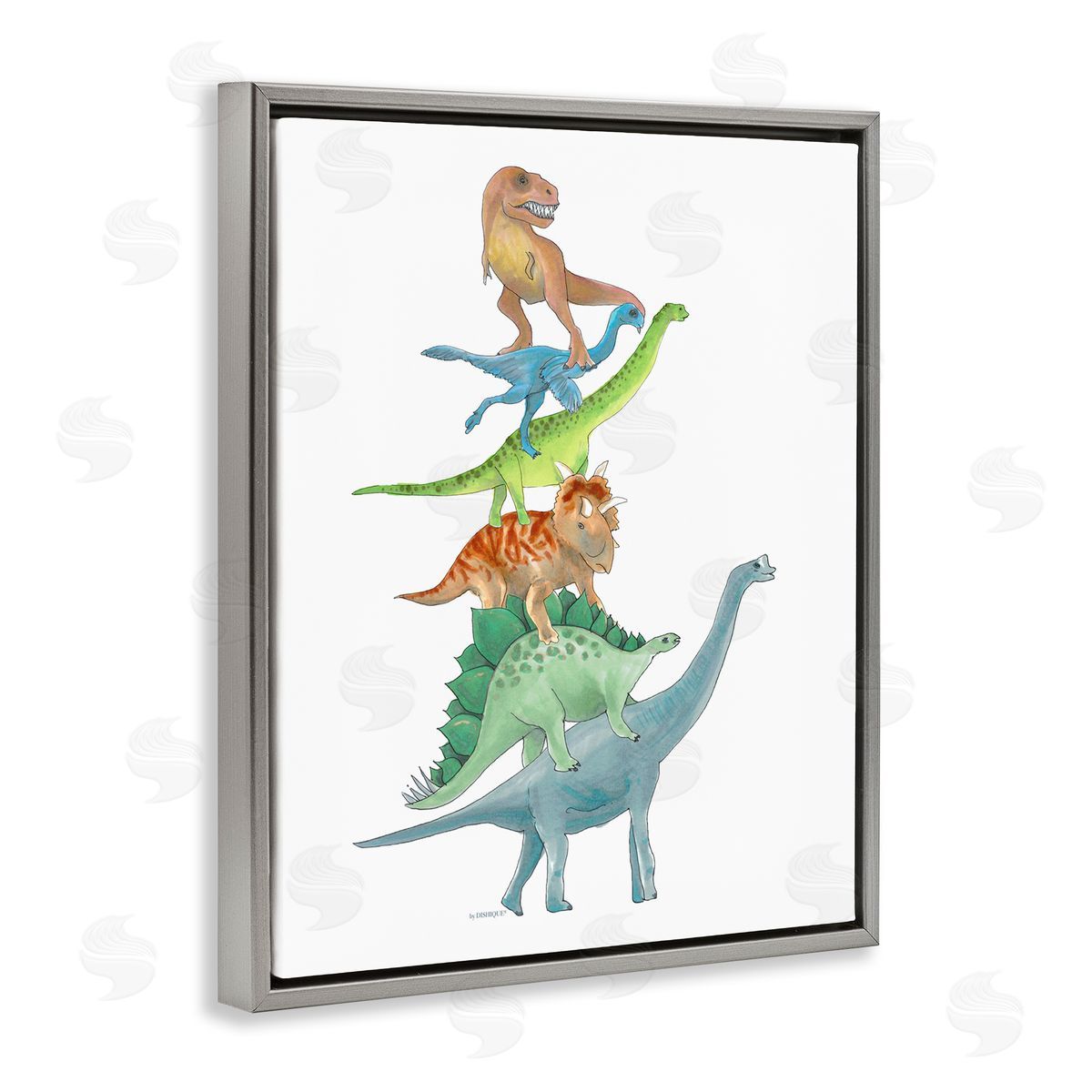 Dishique Stacked Dinosaurs Balancing T-Rex Stegosaurus Illustration Gray Floating Frame Canvas Wall Art Print