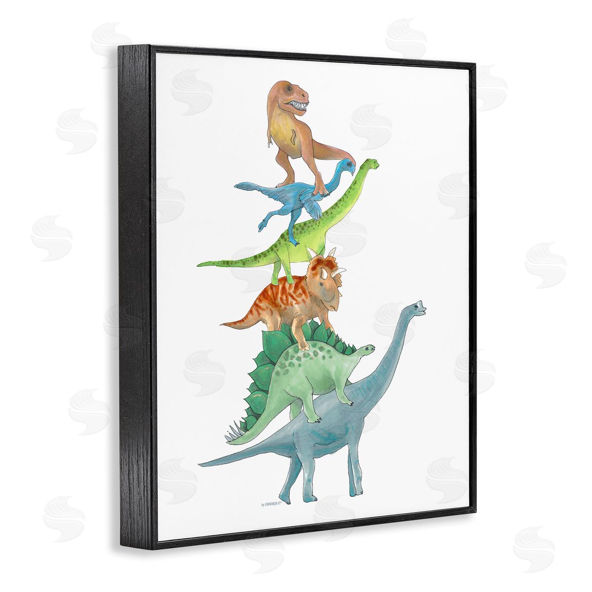 Dishique Stacked Dinosaurs Balancing T-Rex Stegosaurus Illustration Black Framed Giclee Wall Art Print