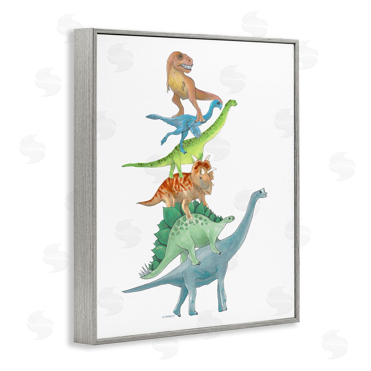 Dishique Stacked Dinosaurs Balancing T-Rex Stegosaurus Illustration Gray Framed Giclee Wall Art Print