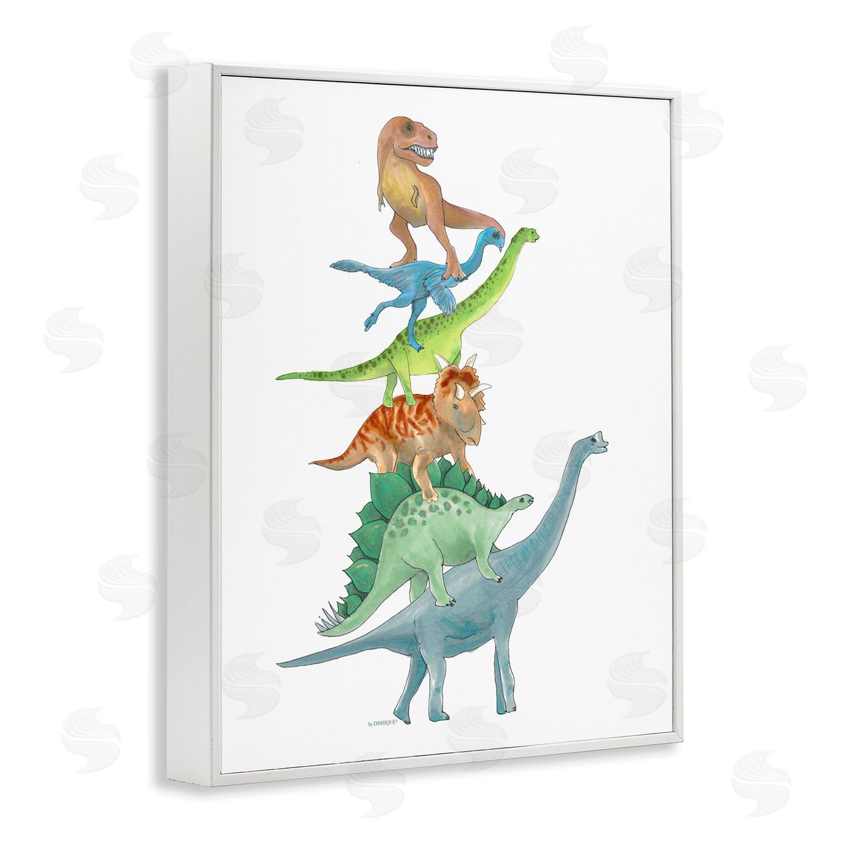 Dishique Stacked Dinosaurs Balancing T-Rex Stegosaurus Illustration White Framed Giclee Wall Art Print