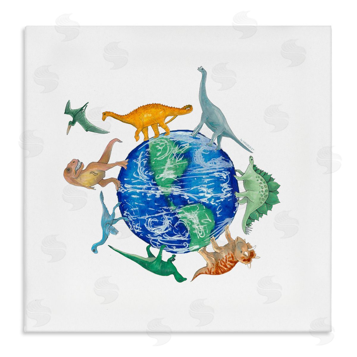 Dishique Various Dinosaurs Circling Planet Earth Globe Illustration Stretched Canvas Wall Art Print