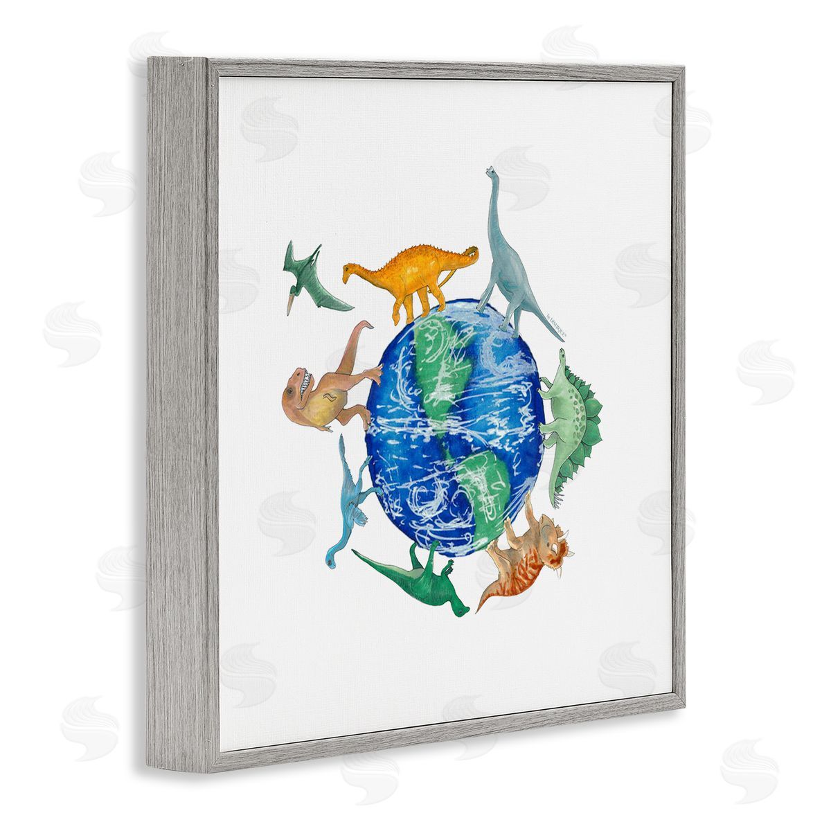 Dishique Various Dinosaurs Circling Planet Earth Globe Illustration Gray Framed Glicee Wall Art Print