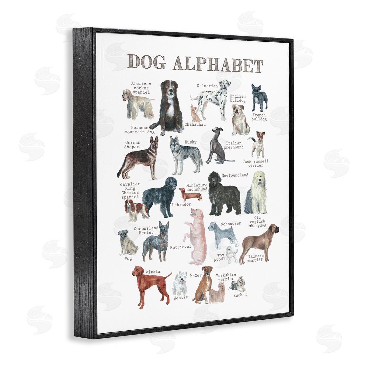 Dishique Dog Alphabet Multiple Breeds Educational Animals Chart Black Framed Giclee Wall Art Print