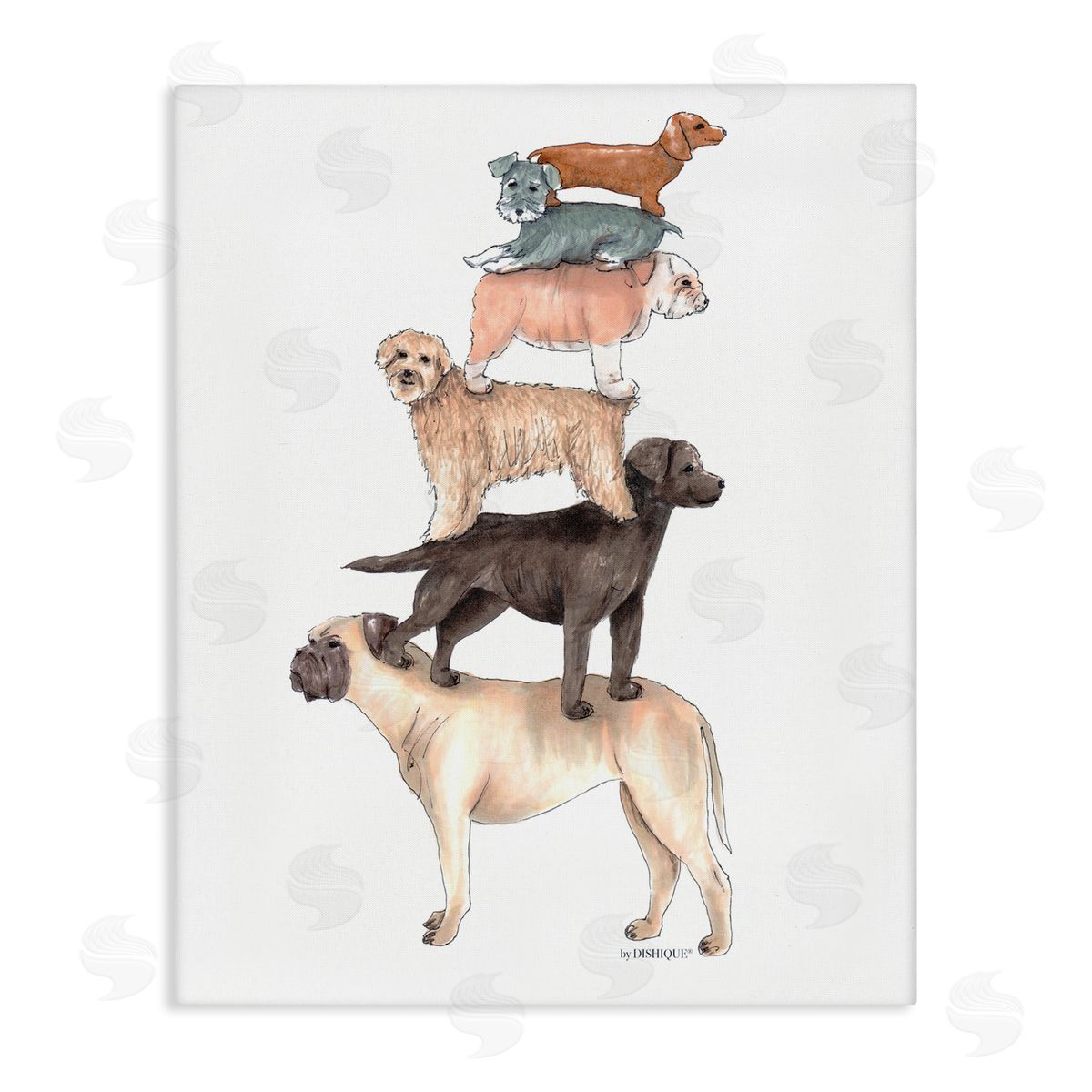 Dishique Mixed Stacked Dog Breeds Standing Balancing Illustration Stretched Canvas Wall Art Print