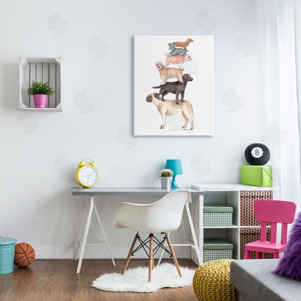 Dishique Mixed Stacked Dog Breeds Standing Balancing Illustration Canvas Wall Art Print in Room