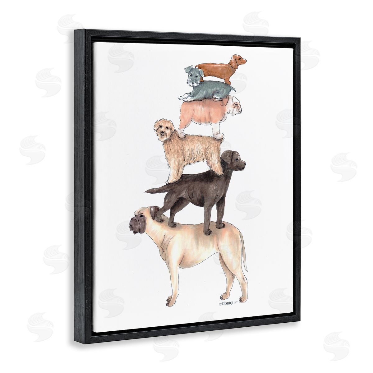 Dishique Mixed Stacked Dog Breeds Standing Balancing Illustration Black Floating Frame Canvas Wall Art Print