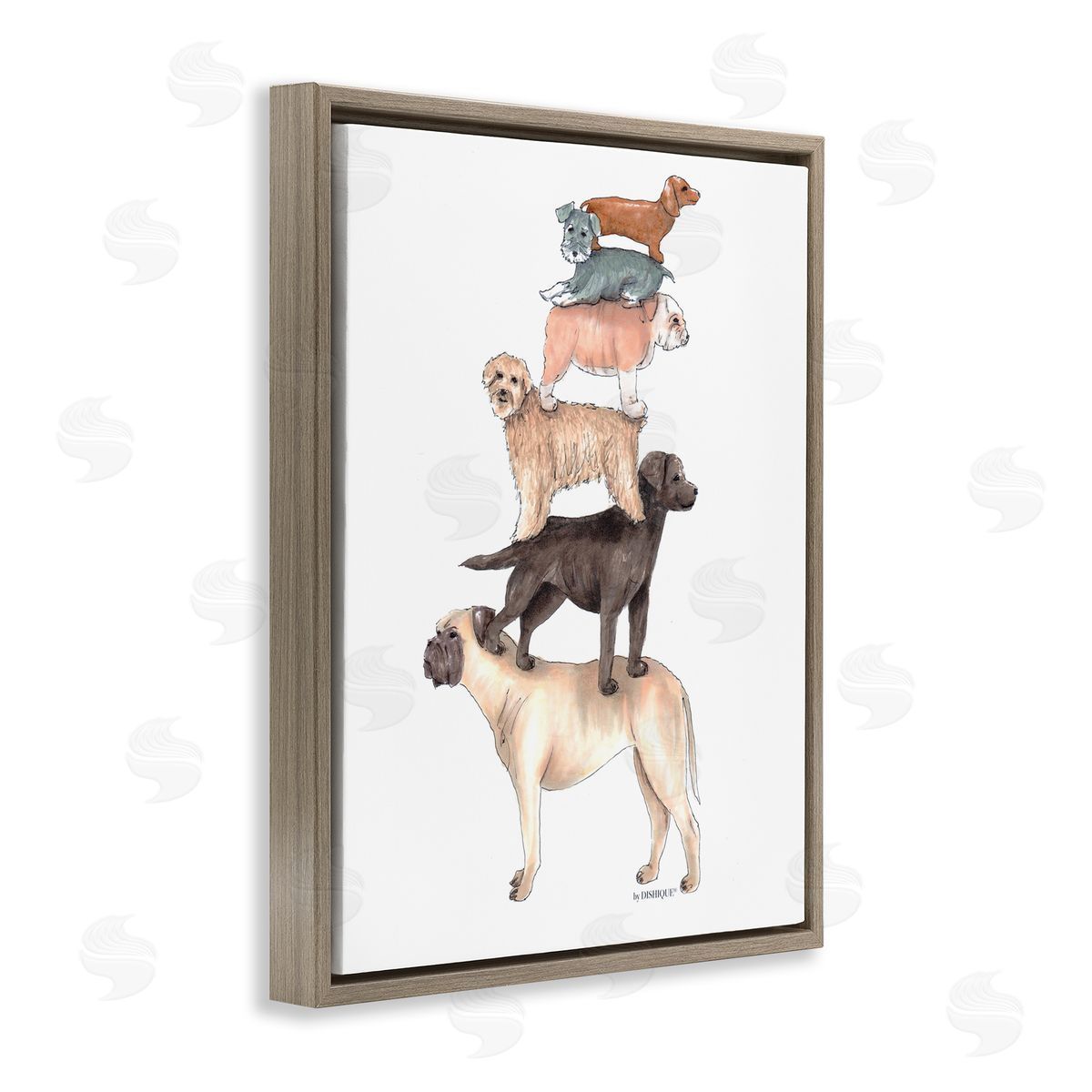 Dishique Mixed Stacked Dog Breeds Standing Balancing Illustration Brown Floating Frame Canvas Wall Art Print