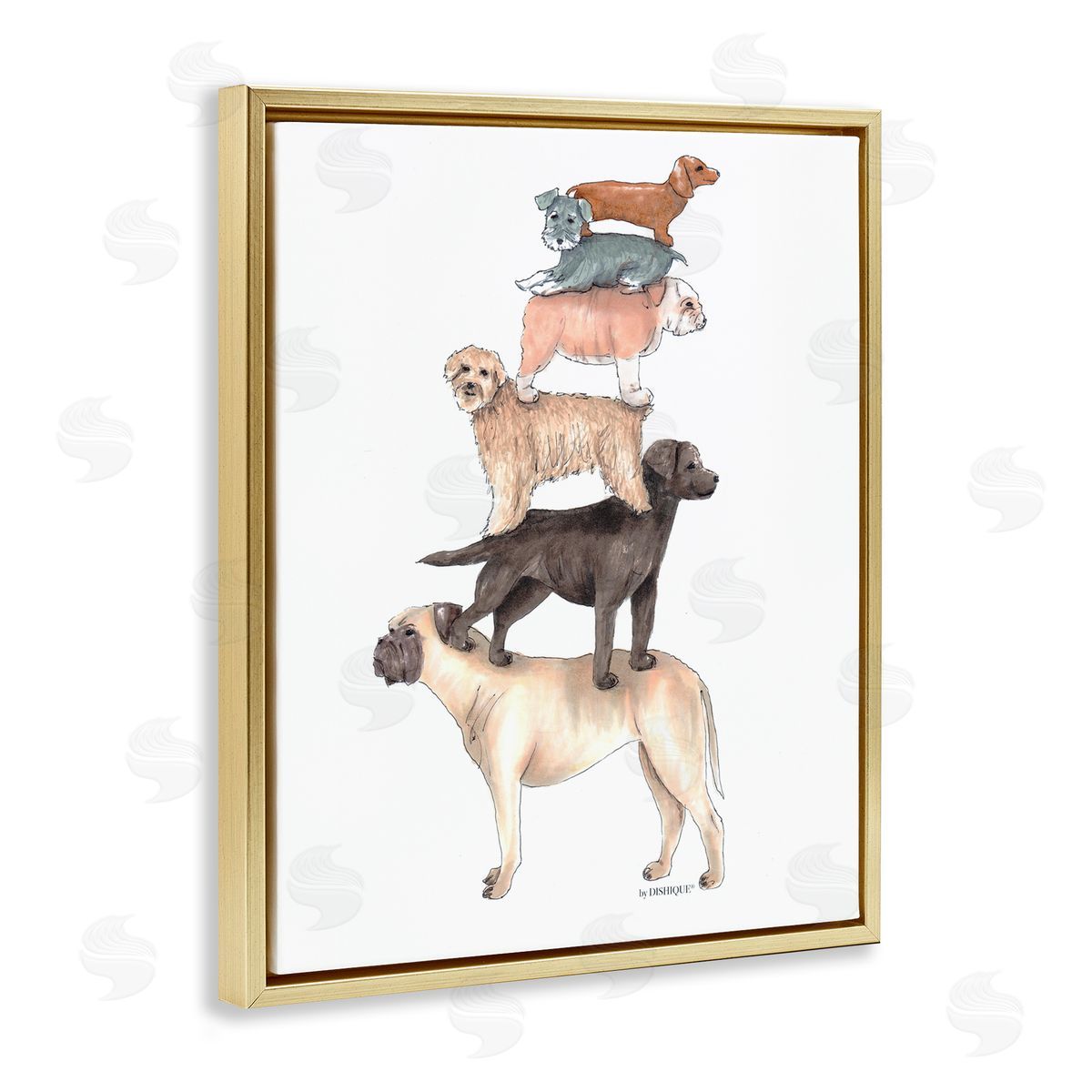 Dishique Mixed Stacked Dog Breeds Standing Balancing Illustration Gold Floating Frame Canvas Wall Art Print