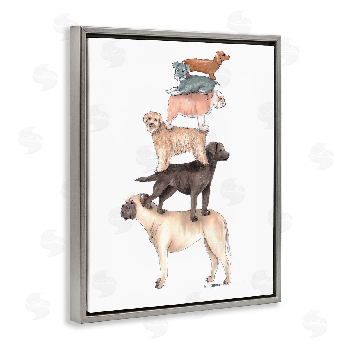 Dishique Mixed Stacked Dog Breeds Standing Balancing Illustration Gray Floating Frame Canvas Wall Art Print