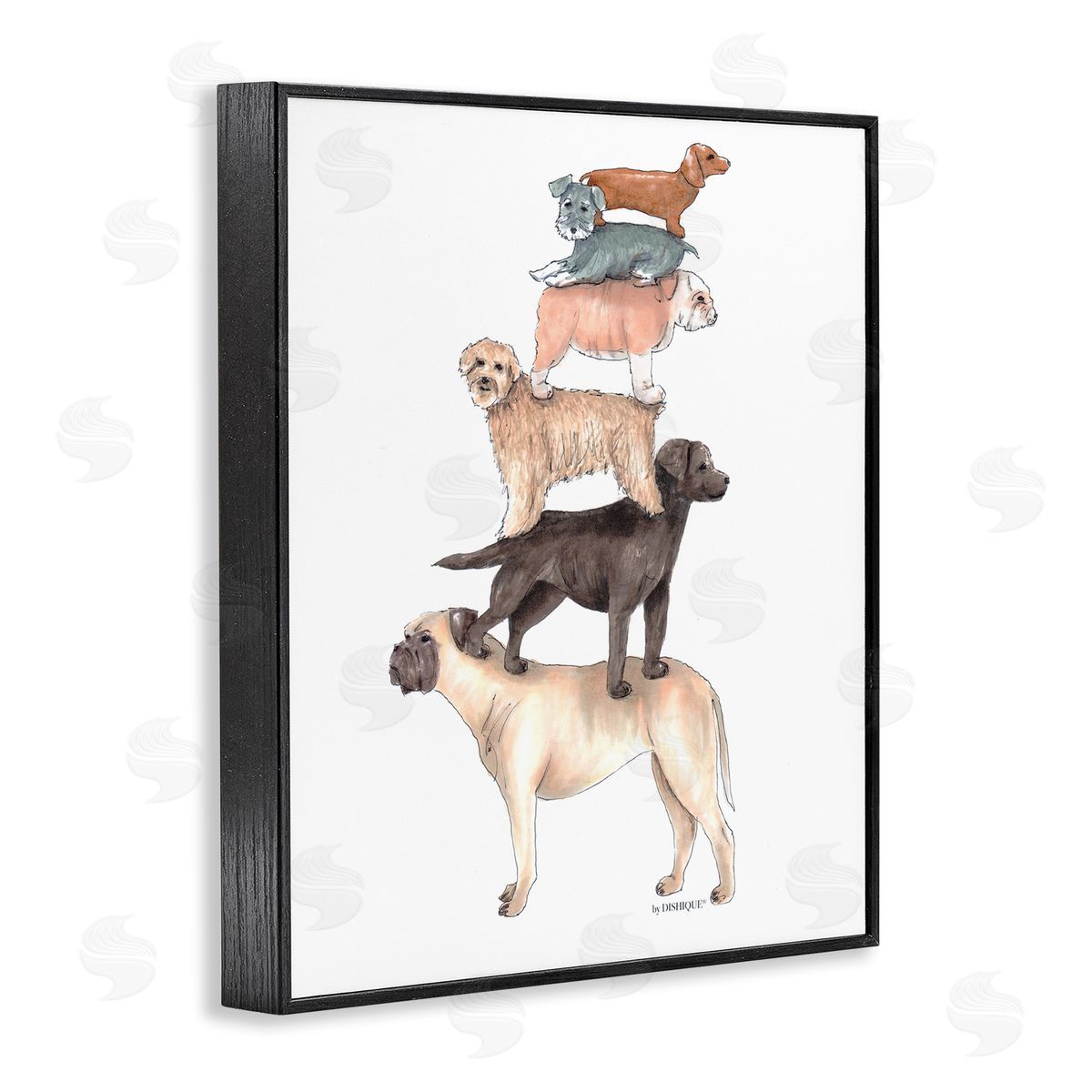 Dishique Mixed Stacked Dog Breeds Standing Balancing Illustration Black Framed Giclee Wall Art Print