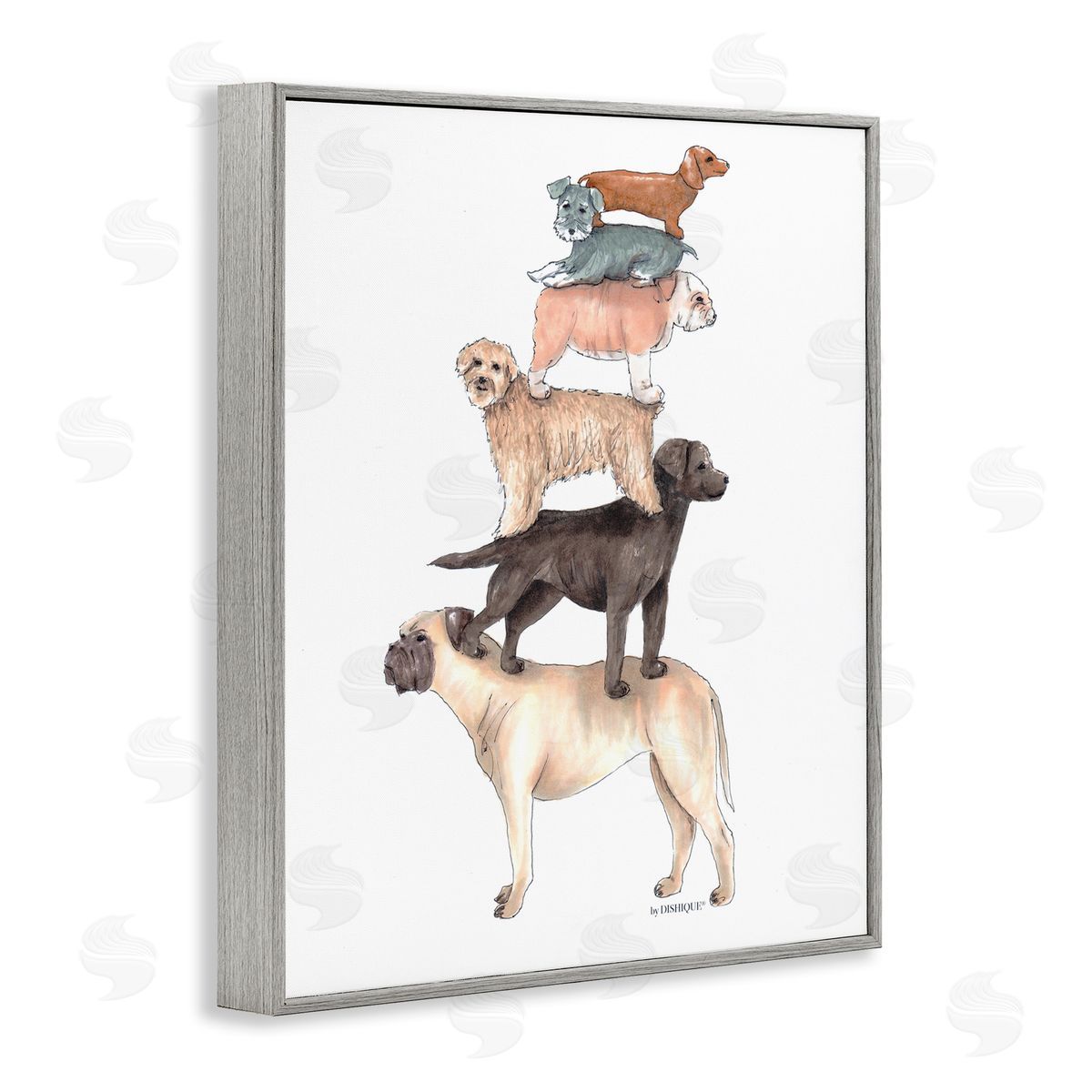 Dishique Mixed Stacked Dog Breeds Standing Balancing Illustration Gray Framed Giclee Wall Art Print