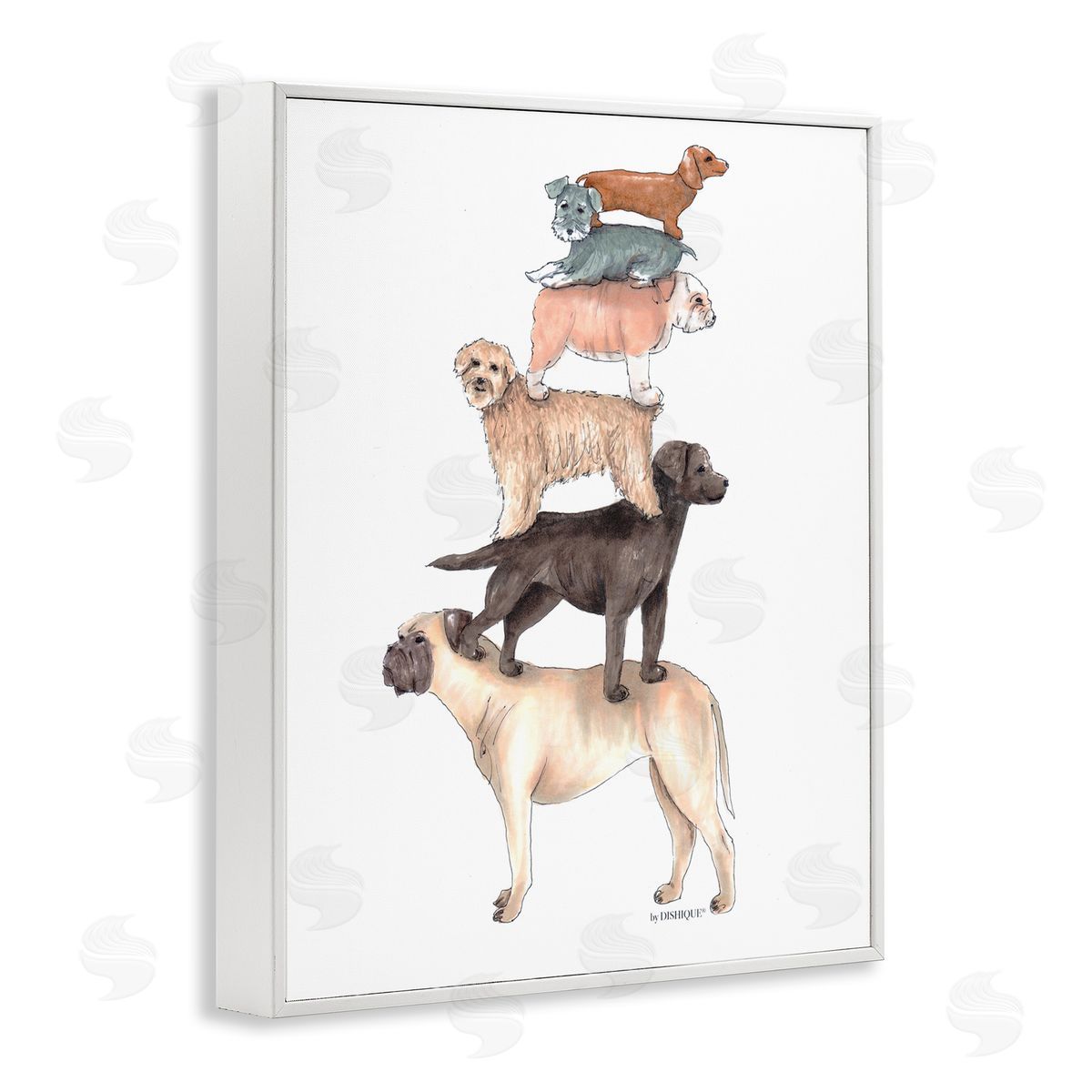 Dishique Mixed Stacked Dog Breeds Standing Balancing Illustration White Framed Giclee Wall Art Print