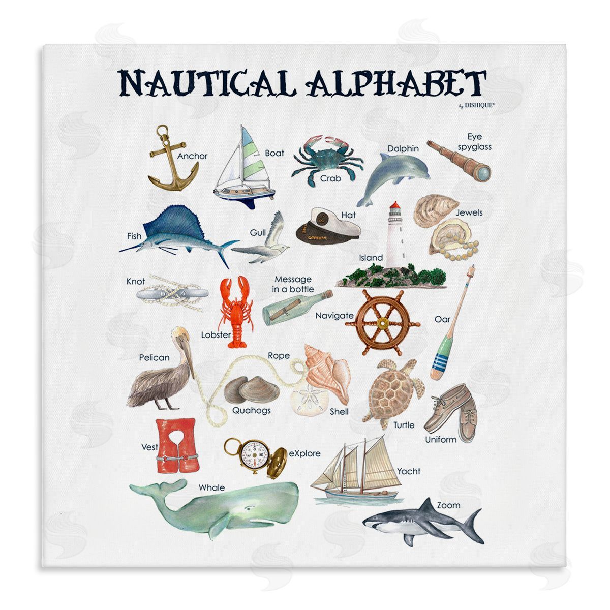 Dishique Educational Nautical Alphabet Learning Chart Marine Wildlife Stretched Canvas Wall Art Print