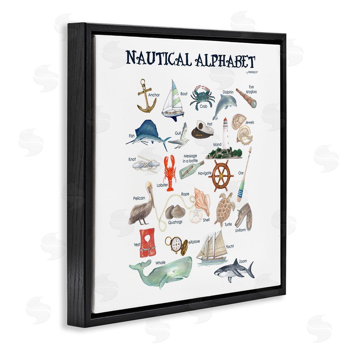Dishique Educational Nautical Alphabet Learning Chart Marine Wildlife Black Floating Frame Canvas Wall Art Print