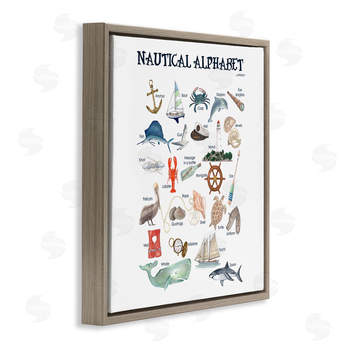 Dishique Educational Nautical Alphabet Learning Chart Marine Wildlife Brown Floating Frame Canvas Wall Art Print