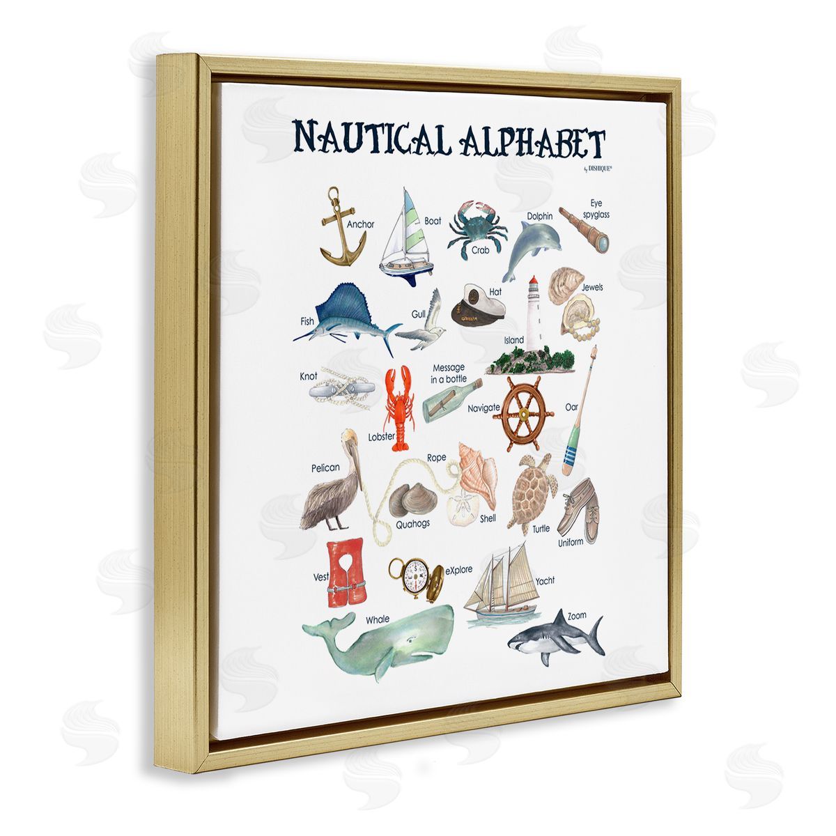 Dishique Educational Nautical Alphabet Learning Chart Marine Wildlife Gold Floating Frame Canvas Wall Art Print