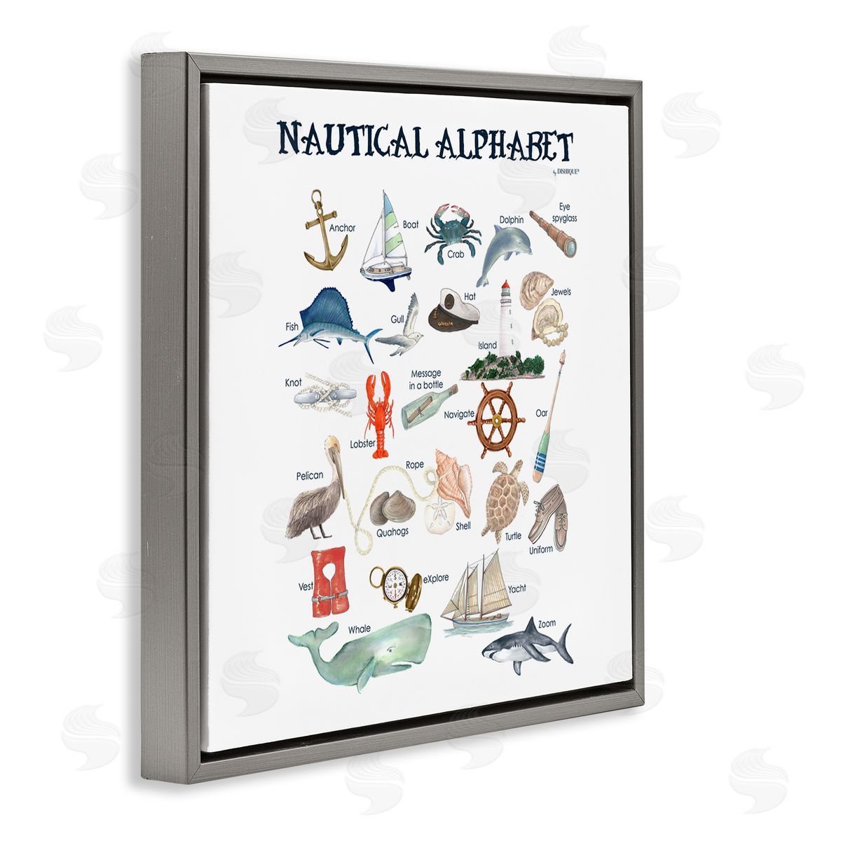 Dishique Educational Nautical Alphabet Learning Chart Marine Wildlife Gray Floating Frame Canvas Wall Art Print