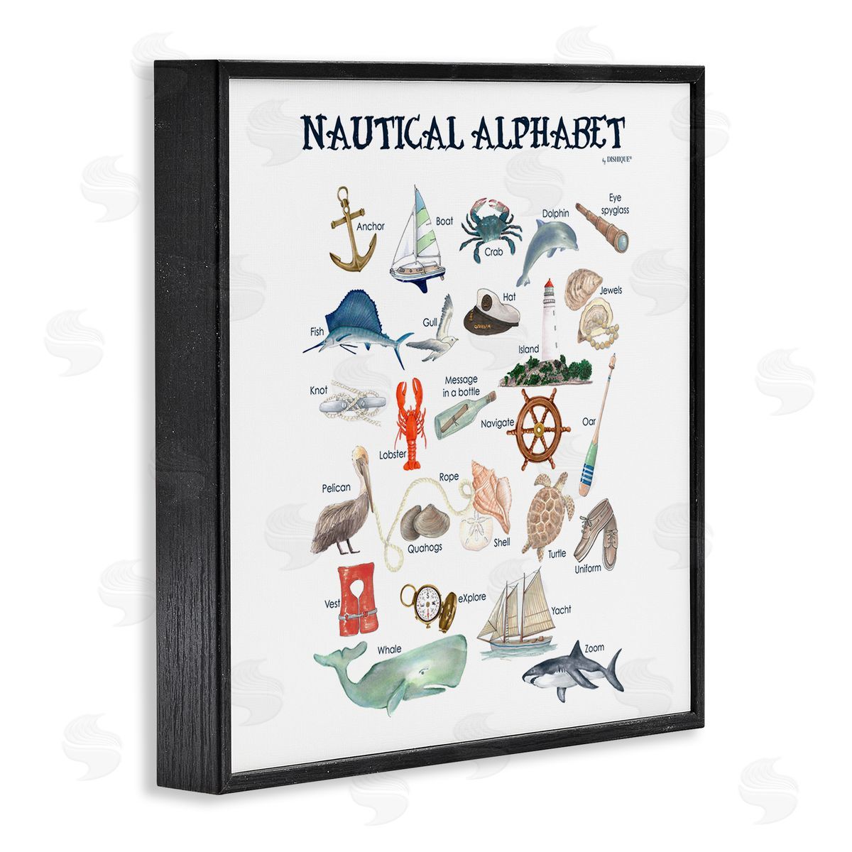 Dishique Educational Nautical Alphabet Learning Chart Marine Wildlife Black Framed Glicee Wall Art Print