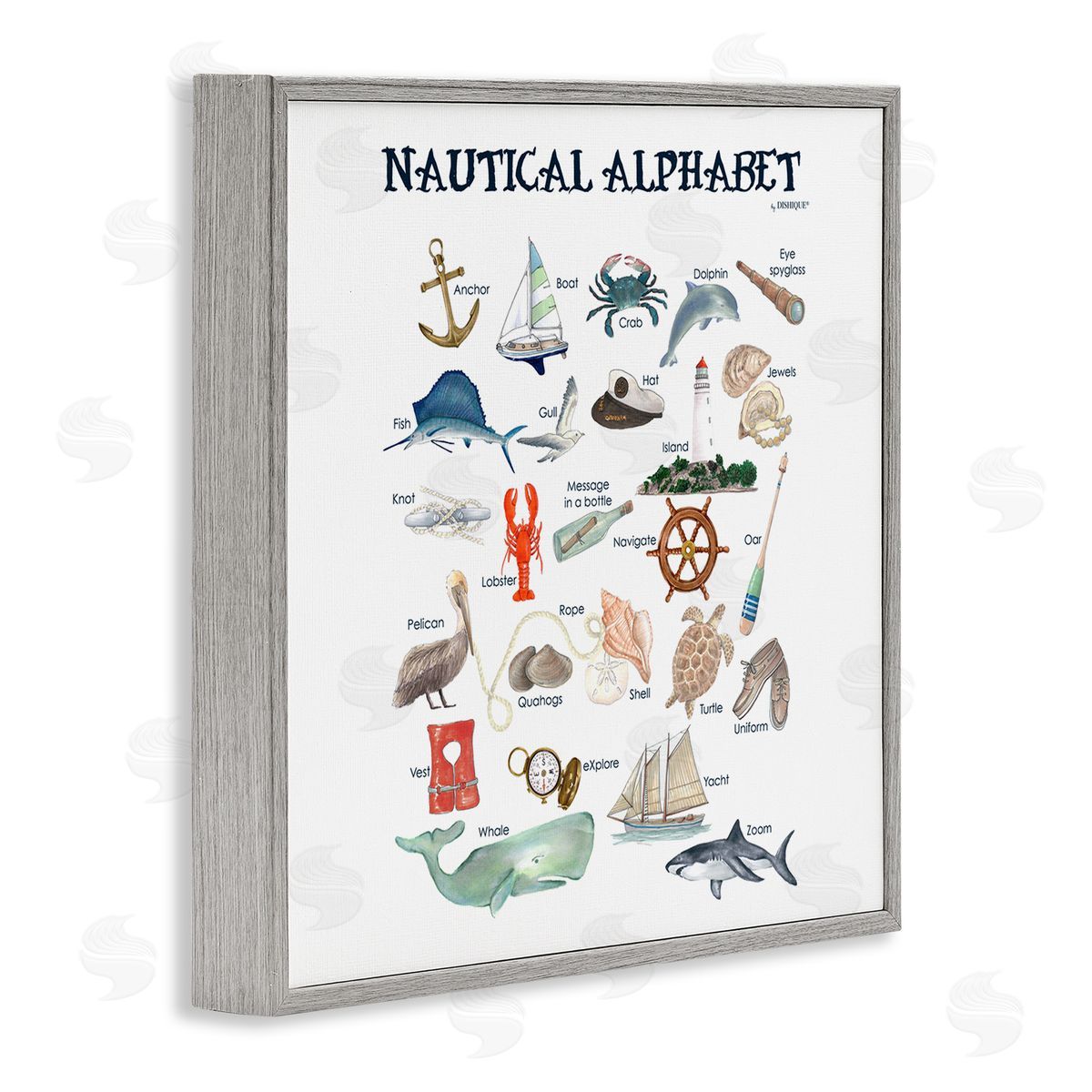 Dishique Educational Nautical Alphabet Learning Chart Marine Wildlife Gray Framed Glicee Wall Art Print