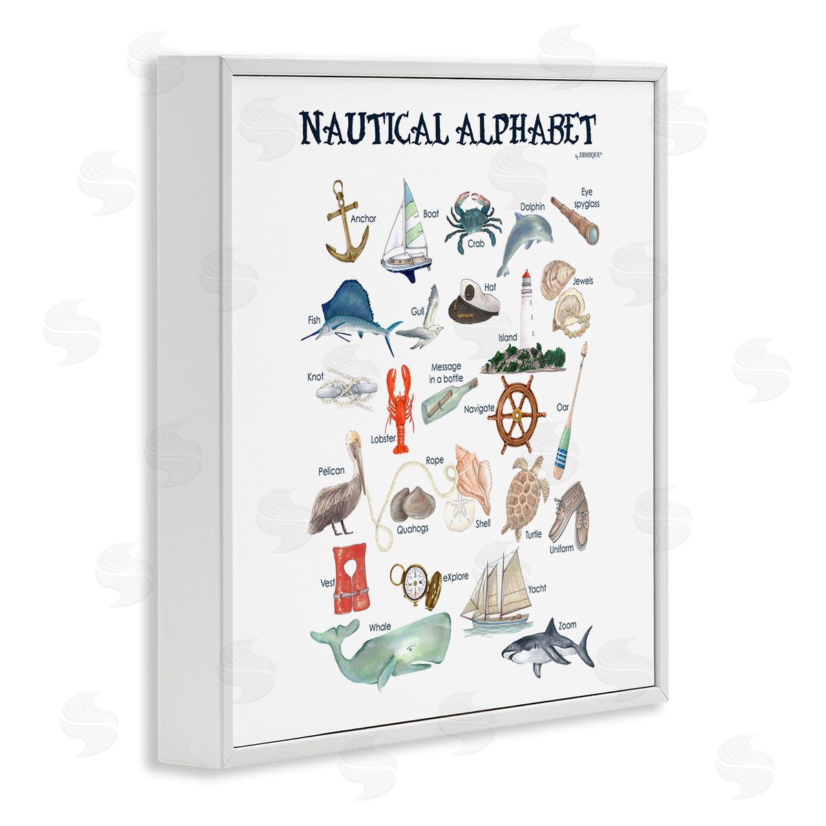 Dishique Educational Nautical Alphabet Learning Chart Marine Wildlife White Framed Glicee Wall Art Print