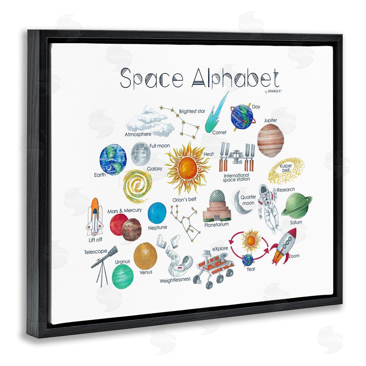 Dishique Outer Space Educational Alphabet Kids Learning Chart Black Floating Frame Canvas Wall Art Print